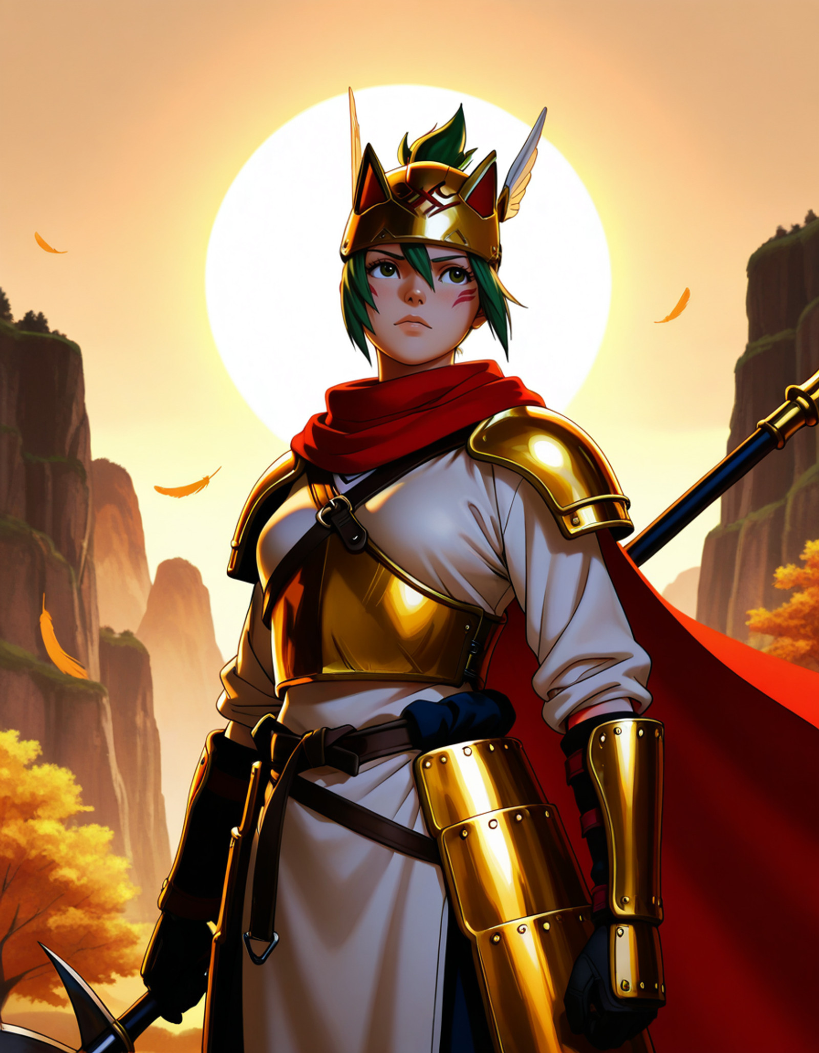 <lora:Utility_-_Detail_Enhancer_by_BSS_v3:0.75>, <lora:Utility_-_Visual_Enhancer_by_BSS:0.75>, <lora:Kishimoto_Naruto_Style:0.33>, <lora:one_piece_wano_style_ilxl:0.33>, one_piece_wano_style, <lora:vslinxtybwbleach:0.33>, vslinxbleachtybw style, (masterpiece, very aesthetic, very awa, newest, ultra-detailed, detailed textures, best quality, absurdres, 8k, correct anatomy:1), <lora:Character_-_Kiriko_from_OW_ILXL:0.7>,green hair,brown eyes,facial marks,fox  mask,medium breasts,hair between eyes,topknot,hair ribbon,shorthair,white ribbon,,
1girl,fantasy female warrior,valkyrie,ancient armor,golden ornate helmet,winged helmet,intricate engravings,bronze pauldrons,gauntlets,leather bracers,white tunic,layered fabric,tattered red cape,scarf ,mountainous landscape,misty valley,rocky cliffs,autumn trees,foggy atmosphere,ethereal lighting,cinematic composition,cowboy shot,standing tall,heroic pose,golden hour lighting,soft sunlight,dramatic shadows,warm earth tones,bronze and gold accents,muted natural colors,atmospheric haze,loose hair,holding polearm,floating cape,wind,looking up,falling feathers,, detailed_hand, elegant_fingers,  exactly 5 fingers, thumb