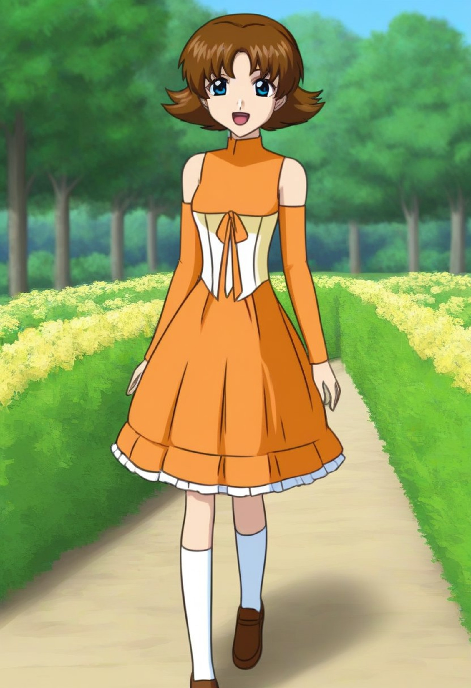 masterpiece, best quality, absurdres, (queenbuon), face focus, front view, 1girl, solo, looking at viewer, smile, <lora:Miriallia_Haw_Gundam_SEED_Pony:0.8>,miriallia,1girl,solo,blue eyes,brown hair,short hair,flipped hair, orange dress, sleeveless dress, turtleneck, bare shoulders, detached sleeves, orange sleeves, medium breasts, frill skirt, orange skirt, walking, white socks, brown shoes, cute, date, open mouth, happy, outdoors, grassland, flowers background, blue sky background,