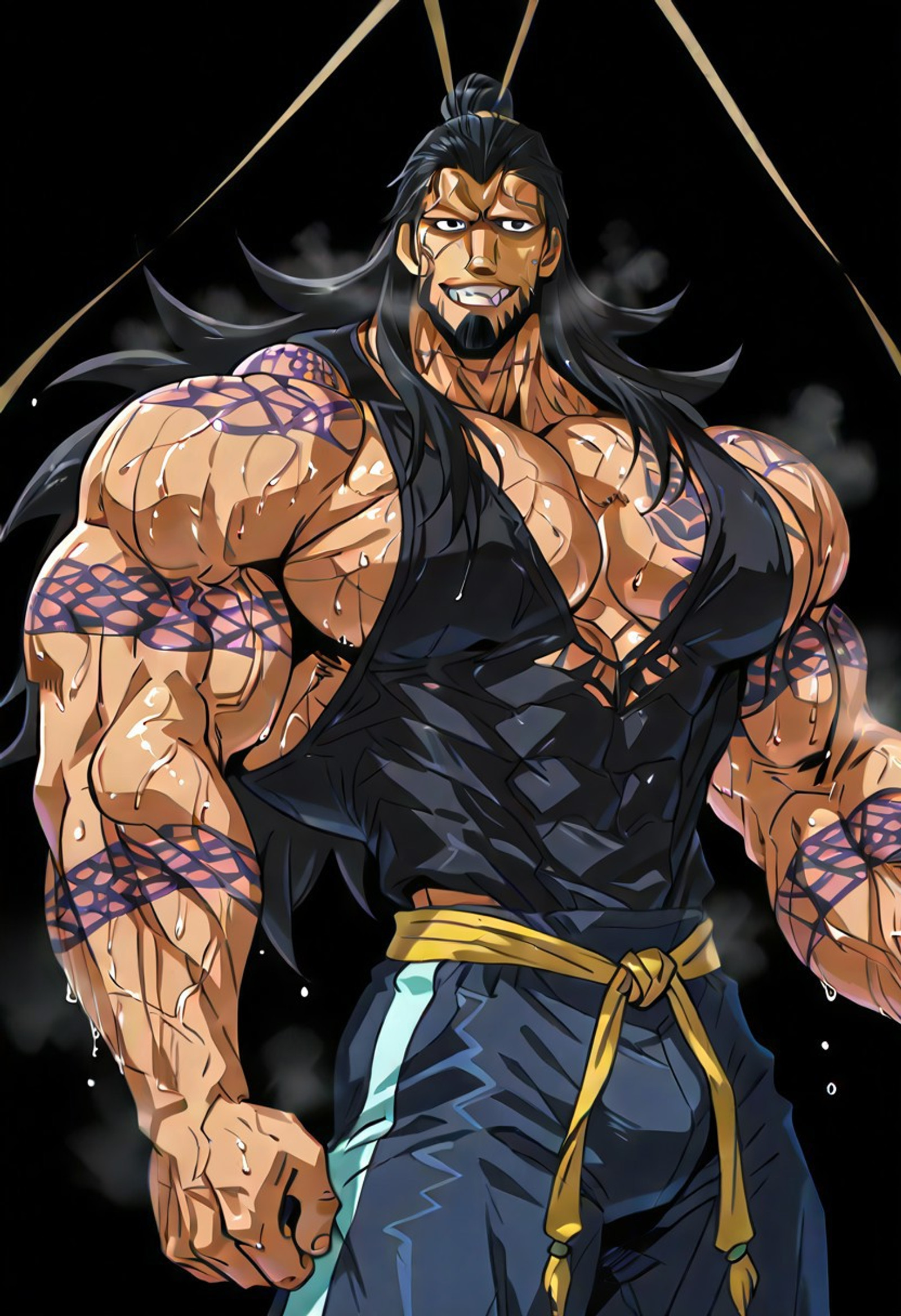 RESET, score_9,score_8_up,score_7_up, Highest Quality, 4k, masterpiece, Amazing Details, best quality, detailed image, good illumination,  source_furry, rating_explicit, proportionate body, 
BREAK, solo,
((Lü Bu, Mature male, manly, Black hair, long hair, a bun hairstyle, black eyes, No eyebrows, Chin beard, pronounced cheekbones, fangs, Facial scars, neck scars, Purple tattoo on body, Dark skin)),
((black tanktop)), 
((grin)), ((looking at viewer:1.5)), ((sweaty:2)), wet, builder, handsome, sexy, confident, badass, ((black background:1.5)), veiny, veins, 
((side view:1.0)), 
 ((cowboy shot:3.5)),