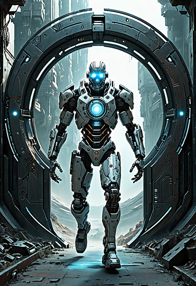 Cyborg passing through a portal, futuristic, post-apocalyptic, steampunk, horror, realism aesthetics, modern m