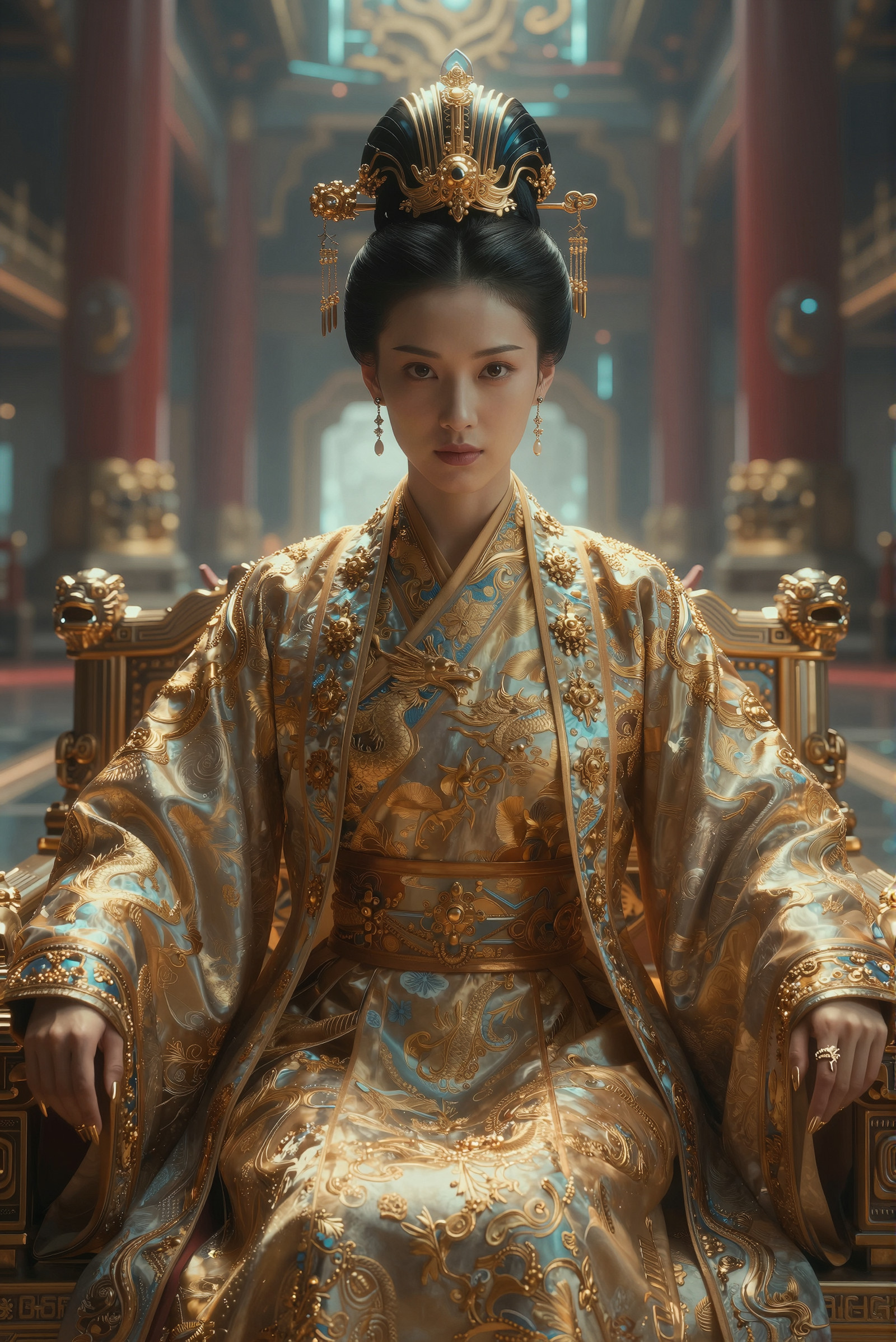 Ultraârealistic, cinematic portrait of a reimagined EmpressâPresident Cixi in the year 2025, appearing at the age of 30, seated on a modernized imperial throne that blends Qing dynasty aesthetics with sleek contemporary design. She sits with absolute confidence and sovereign authority, posture straight and commanding, radiating intelligence, ambition, and unshakable control over her futuristic empire. Her expression is calm, composed, and subtly fierce, embodying the certainty of a leader who knows her power.
She wears a hybrid ceremonial outfit: a modern reinterpretation of Qing imperial robes, combining traditional golden dragon embroidery with minimalist 21stâcentury tailoring. The fabric shimmers with metallic reflections, merging ancient symbolism with highâtech elegance. Her headdress is a futuristic evolution of the liangbatou, crafted from black lacquer, gold, and subtle LEDâlike accents, giving her a luminous, otherworldly aura. Her hands rest with controlled elegance on the throneâs armrests, her fingers adorned with simple, refined gold fingertip caps inspired by Qing imperial fashion.
Her face is youthful yet authoritative.
Facial details:
â Eyes: almondâshaped, deep darkâbrown irises, sharp and penetrating gaze full of strategic intelligence.
â Eyebrows: refined, slightly arched, giving her a look of modern confidence and imperial poise.
â Nose: straight and elegant, noble profile.
â Cheekbones: high and sculpted, catching the dramatic lighting.
â Jawline: smooth but firm, conveying strength and leadership.
â Chin: gently pointed, enhancing her regal presence.
â Mouth: full lips with a subtle, confident, sovereign halfâsmile.
â Skin: porcelainâsmooth with warm undertones, illuminated by soft golden and cool futuristic highlights.
â Hair: glossy black hair arranged in a sleek imperialâmodern fusion, adorned with gold and highâtech ornaments.
Lighting is dramatic and cinematic: a blend of warm golden imperial light and cool futuristic blue accents, creating a powerful dualâera contrast. The background shows towering red pillars reimagined in glass and steel, holographic dragons swirling subtly, and a vast ceremonial hall merging ancient architecture with futuristic technology. Aesthetic: hyperârealistic 8K, imperialâfuturist grandeur, alternateâhistory cinema, overwhelming power and presence.
85mm f/11 clarity photorealistic quality, professional cinematography, directional lighting with sharp dramatic shadows
