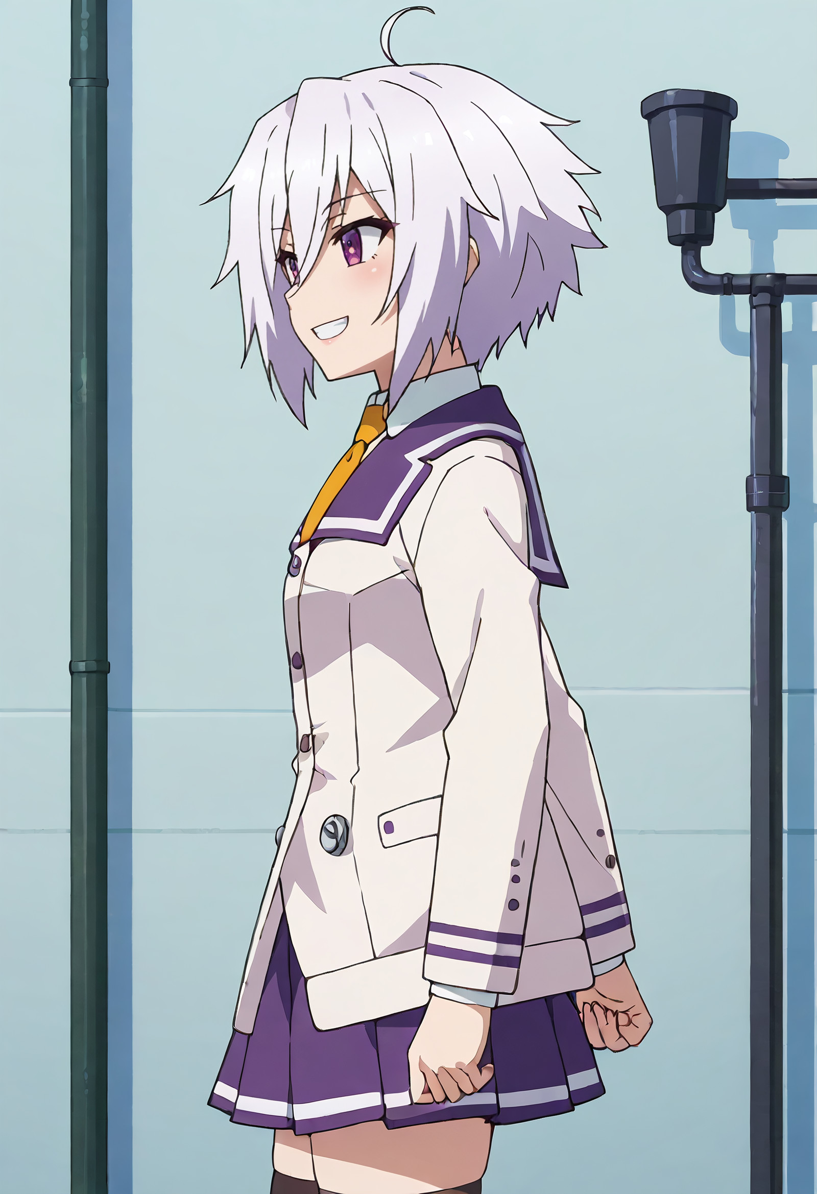    score_9, score_8_up, score_7_up, source_anime, anime_screencap, detailed_face, A soft, genuine grin, eyes filled with love and admiration, TNMSayaka, short_hair, purple_eyes, white_hair, ahoge, hair_between_eyes,  solo, SayakaSchool, school_uniform, shirt, necktie, jacket, collared_shirt, white_shirt, yellow_necktie, long_sleeves, white_jacket, skirt, pleated_skirt, sailor_collar, serafuku, purple_skirt, miniskirt, purple_sailor_collar, socks, blazer, buttons, black_socks, kneehighs,  from side, side view, cowboy shot, <segment:girl's face,0.55,0.2//cid=11> absurdres, masterpiece, detailed face, perfect face, correct face, perfect anatomy, accurate, sharp lines, beautiful, extremely detailed, source_anime, anime screencap, A soft, genuine grin, eyes filled with love and admiration, TNMSayaka, short_hair, purple_eyes, white_hair, ahoge, hair_between_eyes, 