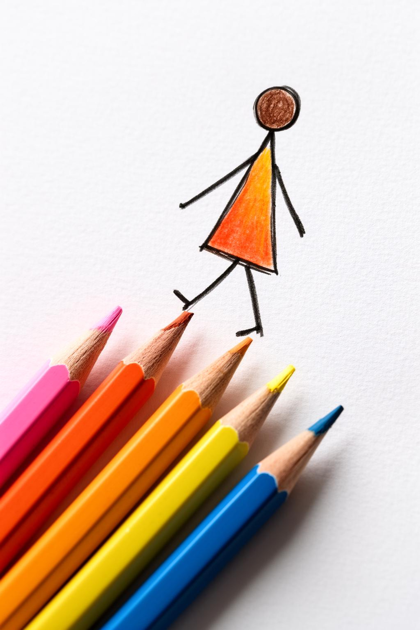 Close-up of a hand-drawn stick figure woman walking on top of a row of real colored pencils. The woman is drawn in simple black ink with a brown circular face and an orange gradient dress, her legs mid-stride as she balances on the tips of the pencils. The pencils--in shades of pink, orange, yellow, and blue--are arranged diagonally across the bottom left, their wooden textures and sharp lead points clearly visible against a white, grainy paper background. The lighting is soft and natural, casting subtle shadows that ground the illustration in the physical space. The style is a playful mixed-media composition, blending scribbled line art with real objects to create a whimsical and imaginative mood.<lora:TA-2026-03-02-20-06-09-Close-upof-82:0>