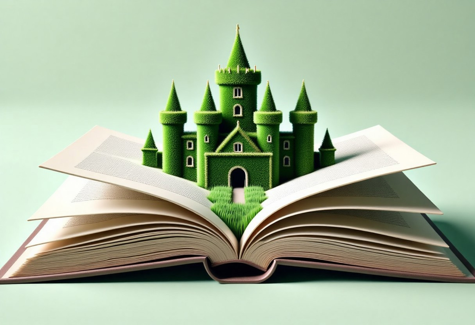 open book, with a castle inside, made of grass