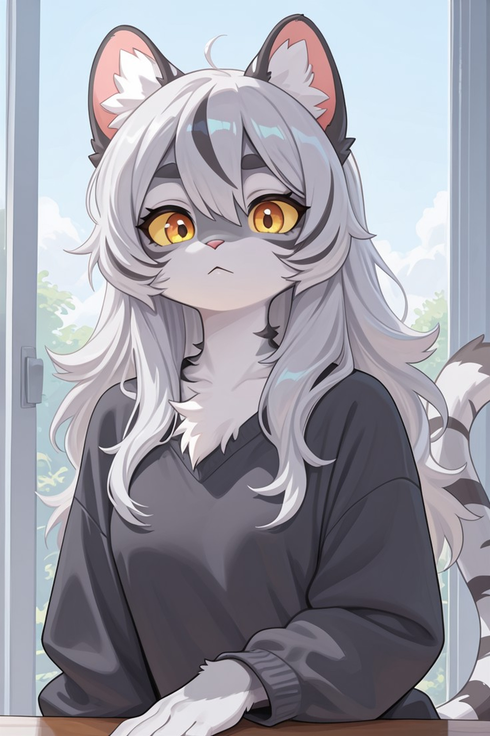 (masterpiece,best quality,amazing quality:1.2),very aesthetic,absurdres,highres,newest,ray tracing,attentive 8k,original,HDR colours,raw, pastel color, 1female furry, 1girl cat tiger , furry, gray and white mix long fluffy hair,gray and wirhe mix fur, gray stripes, tail, furry, matching pattern, anthro cat, gray and withe mix cat tiger, bright honey eyes, (yellow sclera)