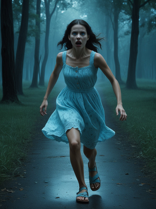 puzzle boxes, joan jonas, rule of thirds, iceblue, phantom manifestation, evil, scary, haunting, lurking, demonic, horror movie scene, Young woman escaping, running, wearing a summer dress, sandals, detailed face, detailed mouth and lips, detailed eyes,