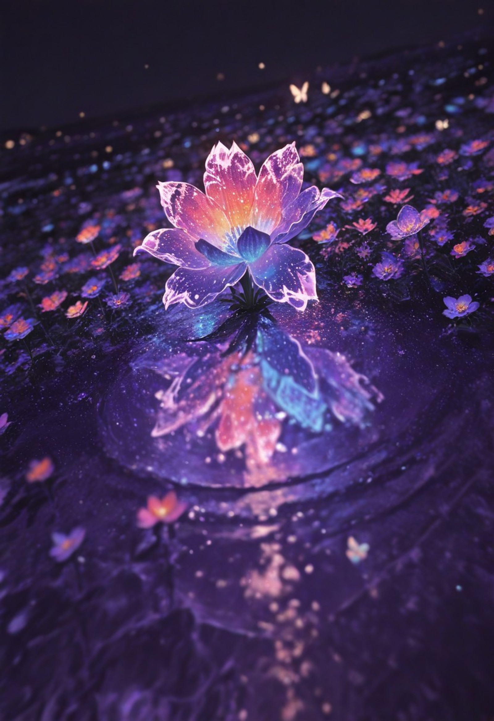uv lighting, masterpiece, best quality, amazing quality, very aesthetic, absurdres, highres, newest, HDR, 8K, high detail, smooth shading, glossy surfaces, subtle, high contrast, dak depth, real background, hyper-realistic close-up, colorful depth, colorful lighting,
sacred, mysterious, dreamlike, fantastic, moonlight, water, flowers, colorful flowers and colorful butterflies, flower effects, diagonal angle, from above, dutch angle, beautiful atmosphere, muted colors, cinematic composition, natural lighting, water color, cinematic composition, blurry foreground, blurry background, heavily textured impasto oil painting, Small patches of the purple underpainting are visible here and there in the painting.