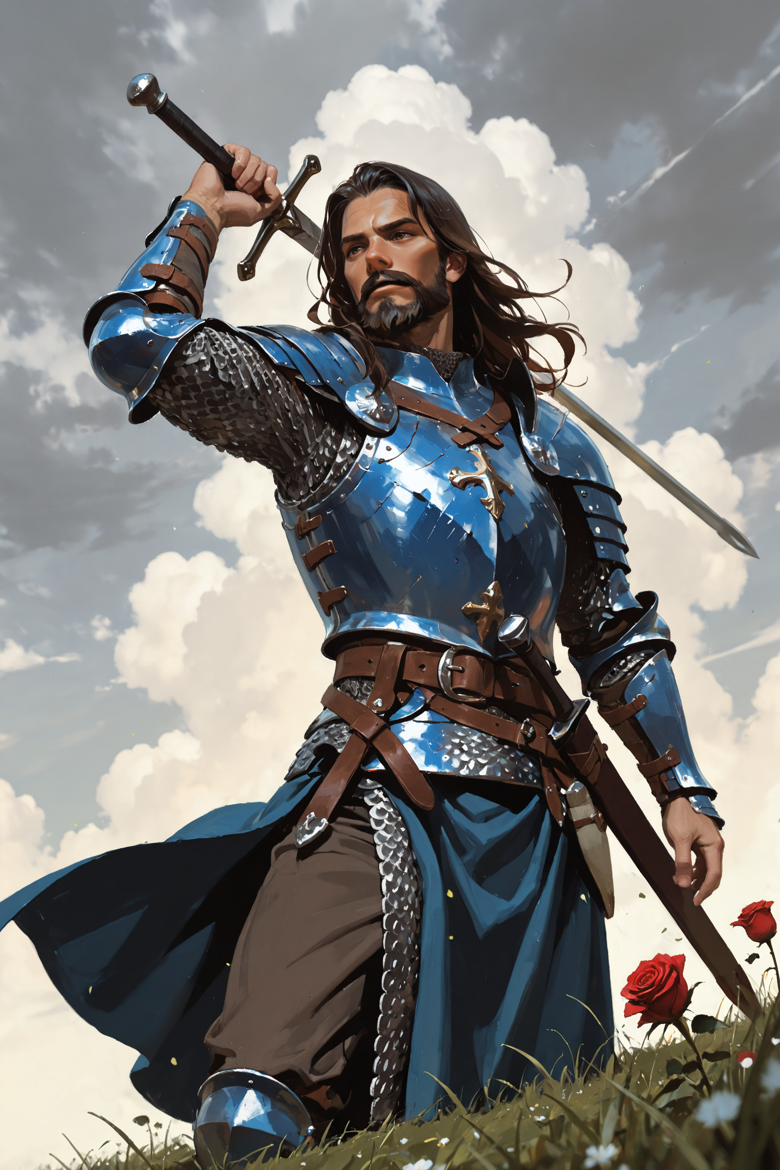 (flat color:2), (no lineart:1), (no outline:1), (Flat vector:1), ((solo, long_hair, brown_hair, black_hair, 1boy, holding, male_focus, flower, weapon, outdoors, sky, belt, cloud, sword, holding_weapon, armor, facial_hair, rose, holding_sword, grass, cloudy_sky, sheath, beard, breastplate, mustache, , vambraces, scabbard, unsheathed, chainmail, blue_armor, medieval):0.5) masterwork, masterpiece, best quality, detailed, depth of field, , high detail, best quality, very aesthetic, 8k, dynamic pose, depth of field, dynamic angle, adult, aged up,