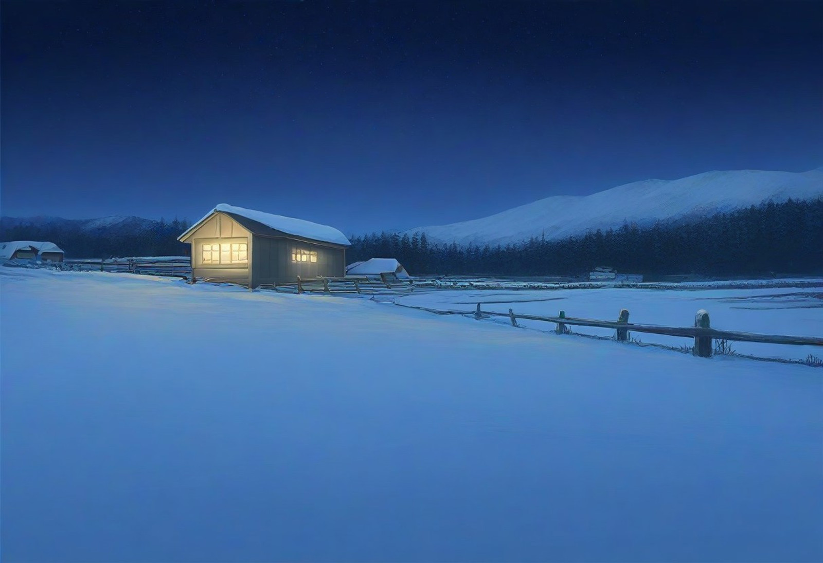 masterpiece, best quality, amazing quality, outdoors, rural homestead, snow, snowfall, night, nighttime, no humans
