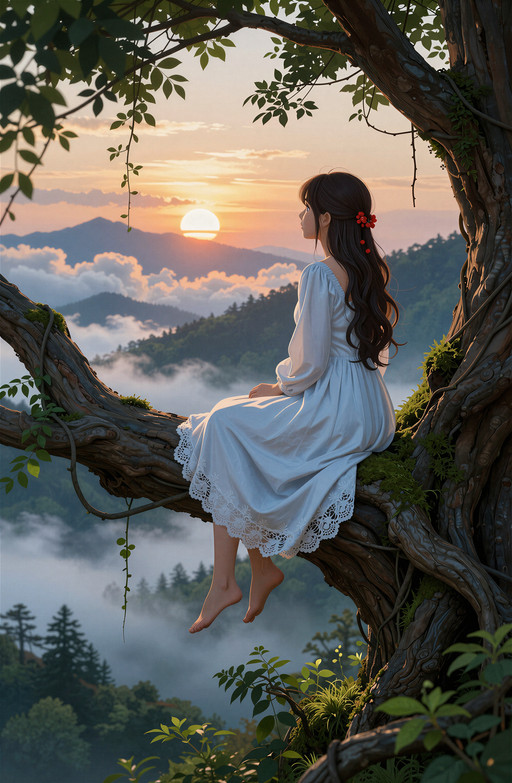 A young woman with long dark wavy hair loosely tied back by small red flowers sits sideways on a massive gnarled tree branch, her pale blue long-sleeved dress flowing from shoulder to ankle and open at the back, its delicate lace-trimmed hem catching the morning light as she gazes serenely toward a radiant sunrise breaking over distant mountain ranges and layered cloud formations. Her bare feet dangle gently below, supported by mossy roots entwined with ancient tree trunks that frame her in vertical composition, while leafy canopy branches and hanging vines form a living network of natural detail around her. Soft golden dawn light spills through billowing peach-white clouds above, casting cool blue shadows across the forest floor and illuminating misty atmospheric depth between layers of foliage and sky. The scene is rendered with painterly brushwork that merges smooth tonal transitions with subtle textureâtextured bark, luminous cloud edges, lush green shoots in soft focusâall under a tranquil contemplative mood. Refined anime-inspired character design emphasizes clean lines and expressive stillness, while the composition balances sharp foreground detail of her face and dress with softly fading distant scenery to create depth and harmony in this serene fantasy landscape illuminated by first light.