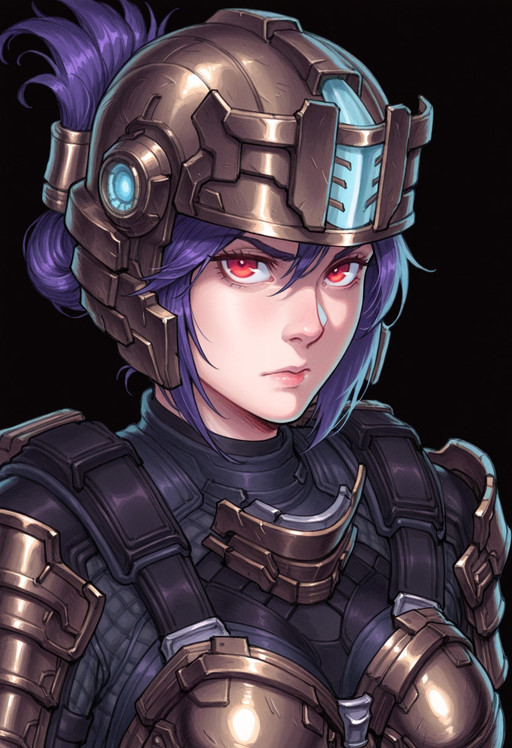best quality, masterpiece, sfw,
n0m0, DSIsaac, armor, helmet,
close-up shot, view from aside,
solo, 
1girl, 
sabia, human, purple hair, red eyes, folded ponytail,
large breasts,  
looking at viewer, closed mouth,
simple background, black background,

beachghost_