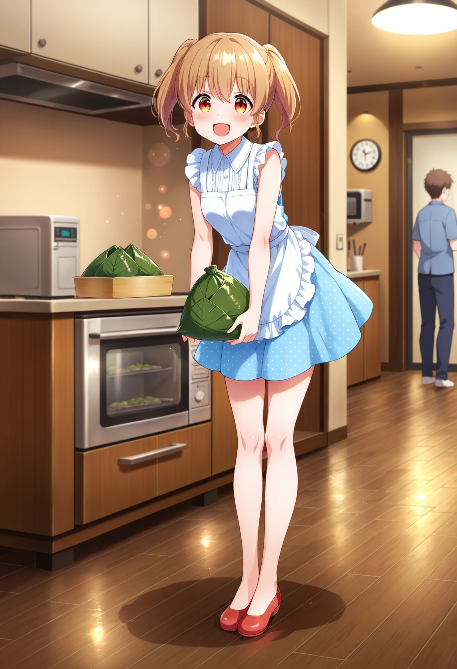 masterpiece, best quality,amazing quality,(official anime artwork),(light particles),(source_anime),(anime coloring),(1girl),solo,(depth of field),(solo focus),8K,HDR,(ultra high res),(highres),(full body),(lens flare),smile,blush,(open mouth),(looking at viewer),(Kawasaki Sakura),(bangs),(light brown hair),(short hair),(orange eyes),(short twintails),(hair between eyes),(sakura_default_casual_dress2),(blue dress),(collared shirt),(polka dot dress),(sleeveless dress),(blue skirt),(red footwear),(ballet flat),(sakura_red_ballet_flat),(indoors),(cutting board),(white apron),(modern kitchen),(wall clock),(microwave), (refrigerator),(stove),(kitchen),(zongzi),(zongzi in the table),(holding (zongzi)),(hanging zongzi),(riceball),(piramid leaves),(piramid rice),(dumping rice),(dragon boat festival),