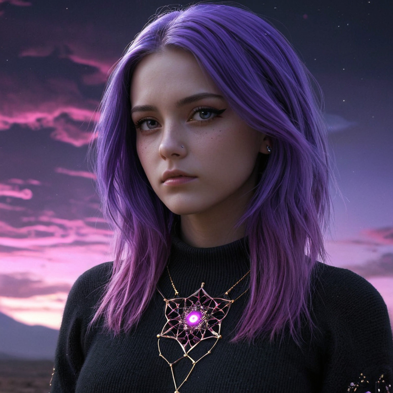 3dmm style,(masterpiece, top quality, best quality, official art, beautiful and aesthetic:1.2), (fractal art:1.3), 1girl, beautiful, high detailed, purple hair with a hint of pink,  dark lighting, serious face, looking the sky, sky, medium shot, black sweater, jewelry