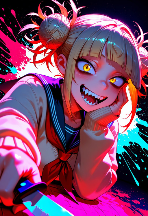 masterpiece, best quality, very aesthetic, highres, absurdres, newest, score_9, score_8, score_7, depth of field, cinematic composition,
1girl,  toga himiko, my hero academia, solo, upper body, close-up, extreme close-up, looking at viewer, crazy smile, open mouth, sharp teeth, yellow eyes, wide eyes, double bun, hand on own cheek, holding knife, school uniform, red neckerchief, beige sweater, sleeves past wrists, leaning toward viewer, from above, dutch angle, fisheye lens, dramatic perspective, dynamic composition, paint splatter background, pink and red splashes, colorful abstract backdrop, flying hair strands, intense expression, cinematic backlighting, volumetric lighting, rim lighting, prism lighting, depth of field, foreground blur, glossy eyes, dramatic shadows, surreal atmosphere, vibrant colors, layered paint texture, neon accents, high contrast, storytelling illustration, energetic motion, anaglyph effect, light particles, masterpiece illustration
