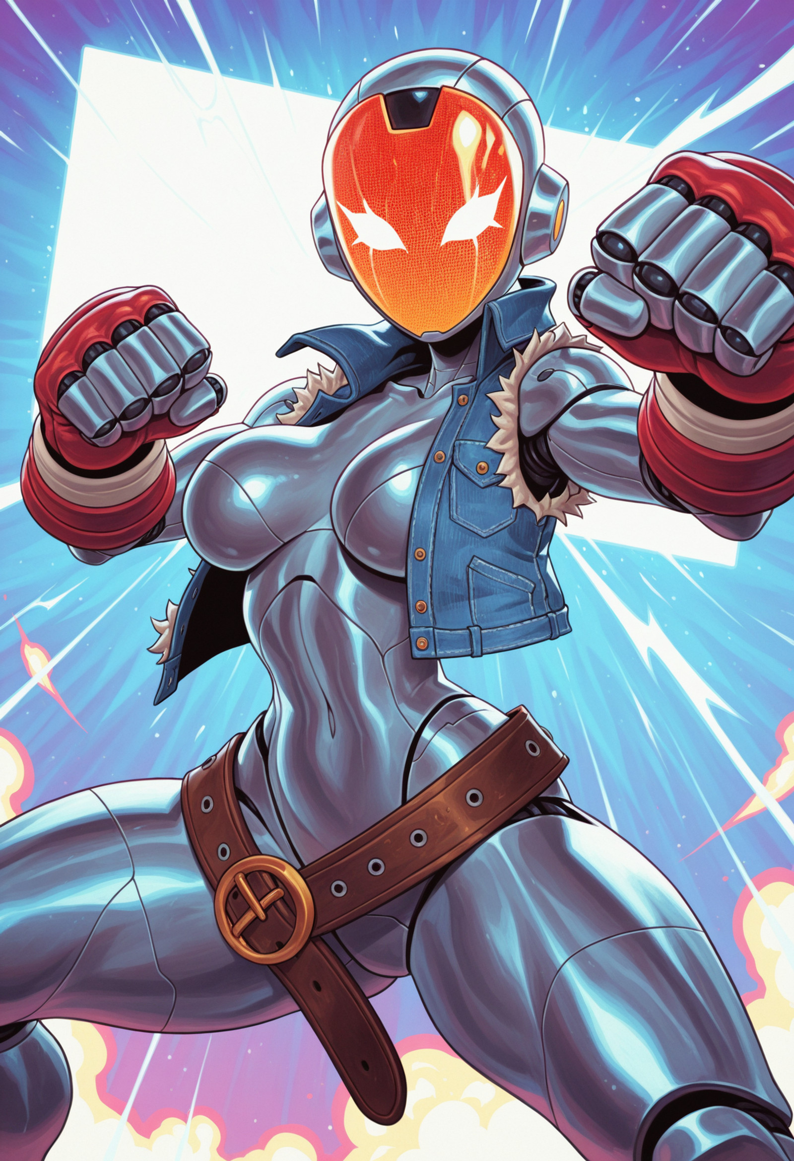 (masterpiece, detailed, best quality, newest), bonifasko, (speedoru:0.8), 1girl, android, robot, no humans, metal body, grey body, metal breasts, robot joints, no mouth, no nose, (screen face), denim vest, vest only, loose belt, bottomless, metal fists, fighting stance, boxing stance, dynamic pose,  dynamic angle, sharp angle, foreshortening, close-up, wide shot