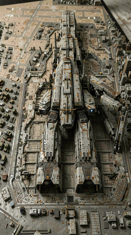 Strictly preserving the composition, subject matter, and all elements of the original image (Image 1) unchanged, reference the art style of Image 2 and transform the style of Image 1 into the style of: Architectural model photography, top-down aerial perspective, intricate sci-fi mecha design, industrial concrete textures, muted earth tones with weathered gray accents, high-contrast hard lighting, shallow depth of field, macro detail focus, urban sprawl background, grainy digital capture, hyper-detailed mechanical surfaces, symmetrical composition, futuristic military aesthetic, miniature cityscape integration, realistic scale modeling, cinematic framing, muted desaturated palette, structural complexity, weathered metallic finishes, functionalist design language. <lora:YFG-ChatGPT-4o-Style-F2_Klein-3kv1:0.5> <lora:YFG-Zaat-Flux2-Klein-9B-_v1_2k:1>