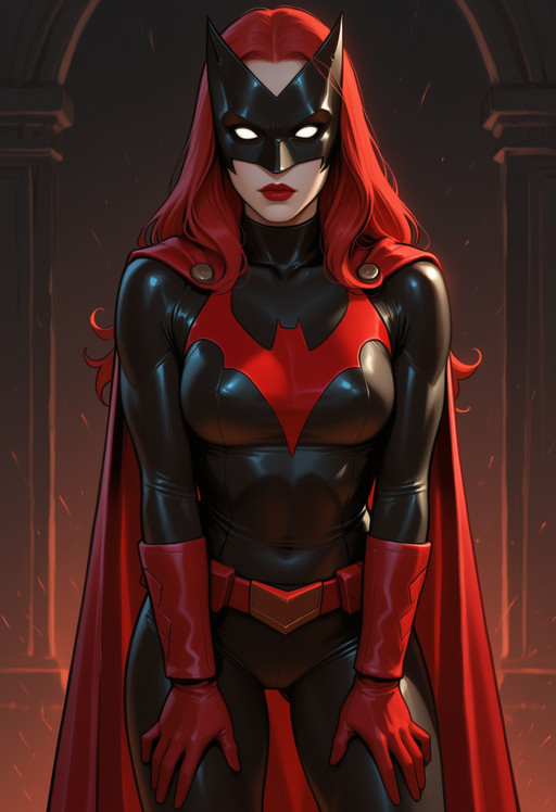 masterpiece, highres, absurdres, newest, year 2025, newest, highres, absurdres, very aesthetic,
, batkate, 1girl, solo, hands on thighs, red hair, long hair, bodysuit, cape, red cape, mask, white eyes, no pupils, gloves, red gloves, belt, red lipstick,
<lora:anima-turbo-lora-v0.1:0.9> <lora:Batwoman Anima:0.9>