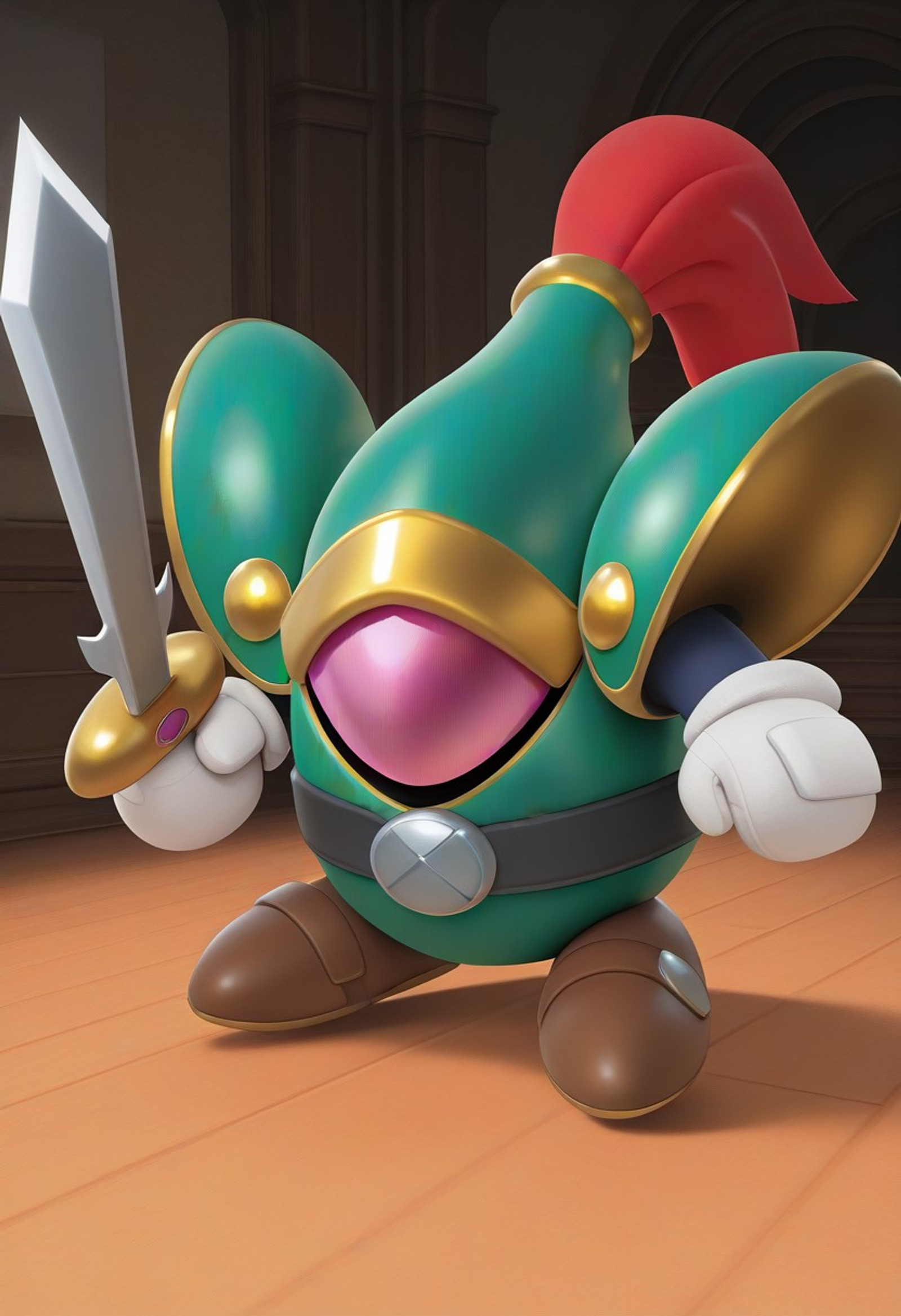 solo male, Blade Knight, pink skin, no face, no eyes, no mouth, green hat, green shoulder pads, green shoulder pads, green armor, black belt, white gloves, brown shoes, holding sword, white room, orange floor, ((3D, A1R R1DERS, cinematic lighting, detailed background, smooth lighting, highest quality, masterpiece, highres))