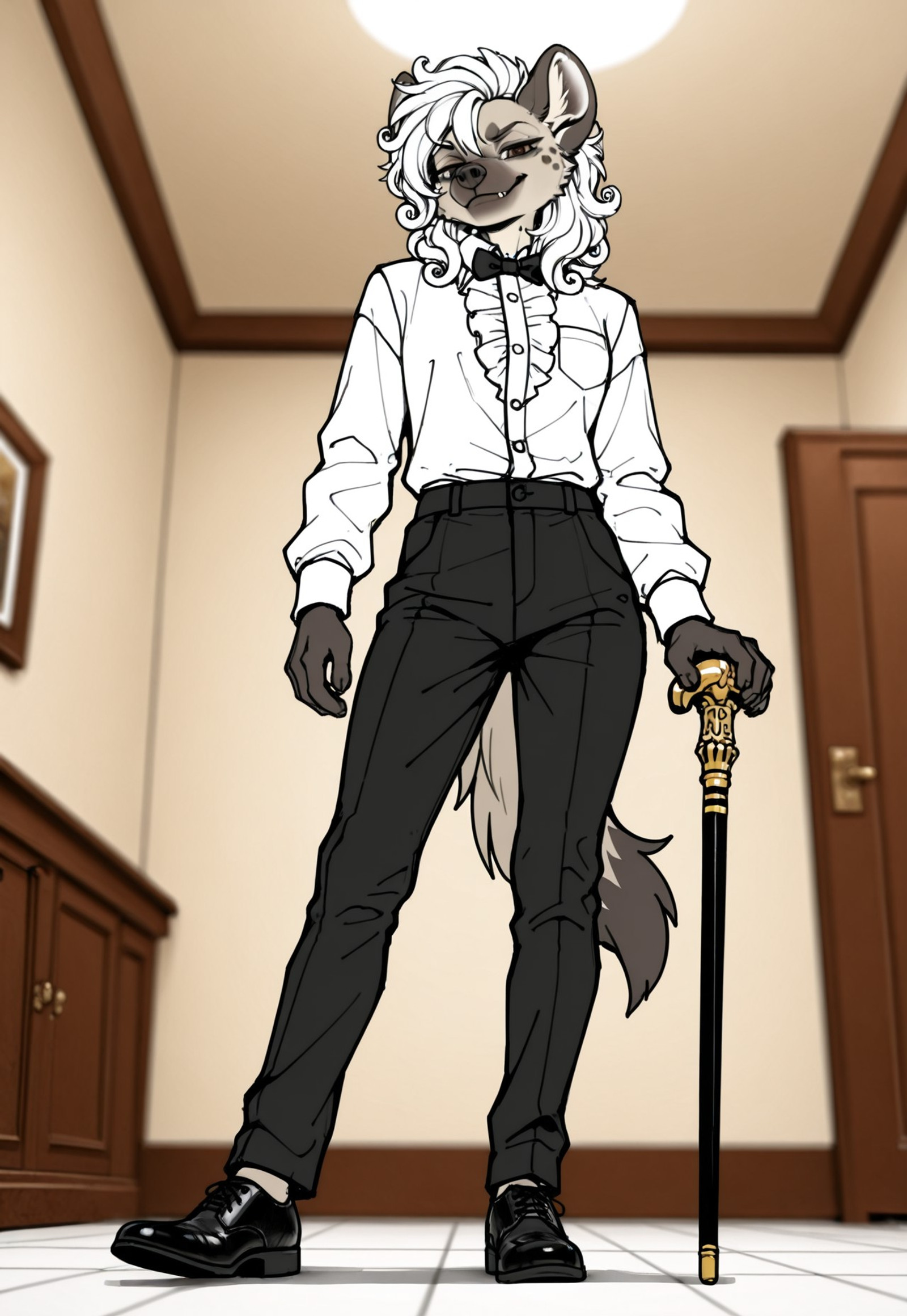 line art, Low angle, very aesthetic, absurdres, newest, depth of field, focused subject, Solo, Best quality, sketch, Solo,  swf,  L1n@r, furry, anthro, 1boy, male, thin body, brown eyes, detailed eyes, white hyena, white hair, curly mullet hair, detailed hair, black suit, detailed suit, black trousers, detailed trousers, white shirt, detailed shirt, tucked-in shirt, black bow tie, detailed bow tie, black shoes, detailed shoes,  holding black cane with gilding, rich room, detailed rich room,  proud pose, detailed anatomy, looking at viewer, evil smile, 