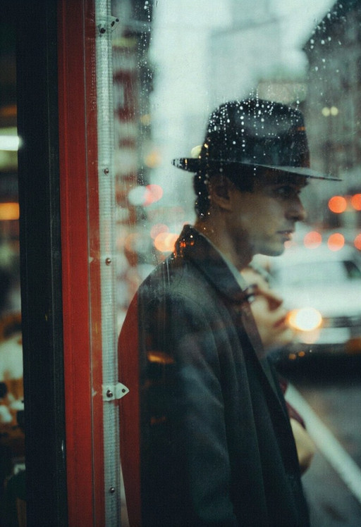 detailed photo of, 
A vintage photograph captures

Beware of the man

Core Subject: A fragmented view of a mysterious man in a dark fedora and overcoat, partially obscured by a rain-streaked cafe window. He is standing on a street corner, his face barely visible behind a layer of reflections and condensation. A second person, a woman, is visible in the blurred foreground, looking back toward him with a subtle expression of unease.

Artistic Style: Authentic Saul Leiter aesthetic. 1950s urban street photography, Kodachrome film look. Painterly abstraction where the city becomes a series of shapes and layers.

Composition & Framing: Shot through glass. Extreme use of foreground obstruction – a large, out-of-focus vertical element (like a red metal pillar or a dark window frame) cuts through the frame, creating a sense of voyeurism and claustrophobia. Telephoto lens effect to compress the distance between the characters.

Color Palette: Moody, desaturated urban tones (shadowy greys, deep blacks, ochre) punctuated by a single, vibrant splash of Leiter Red (perhaps a neon sign reflection or a passing car’s taillight).

Lighting & Atmosphere: Soft, diffused light of a rainy afternoon in New York City. Atmospheric haze, blurred raindrops on glass, and complex reflections of city lights. The image feels quiet but heavy with unspoken tension.

Texture & Tonality: Vintage 35mm film grain, soft-focus edges, and a rich, creamy color science typical of mid-century slide film. The shadows are deep but retain a slight matte texture.

Technical Tags: Kodachrome 64 aesthetic, street photography noir, shot through a window, compressed perspective, red accent color, cinematic grain, --ar 4:5 --v 6.0 --stylize 350.

cinematic framing, intricate details, highly-detailed, hyper-realistic, 8k RAW Editorial Photo, refractions of light,(art retouch, analog photo), (daylight, high quality, film grain), (natural colors, correct white balance, color correction, dehaze,clarity),cinematic light, dramatic light, shallow depth of field, high budget, bokeh, cinemascope, film grain <lora:Purple_grainy:1>