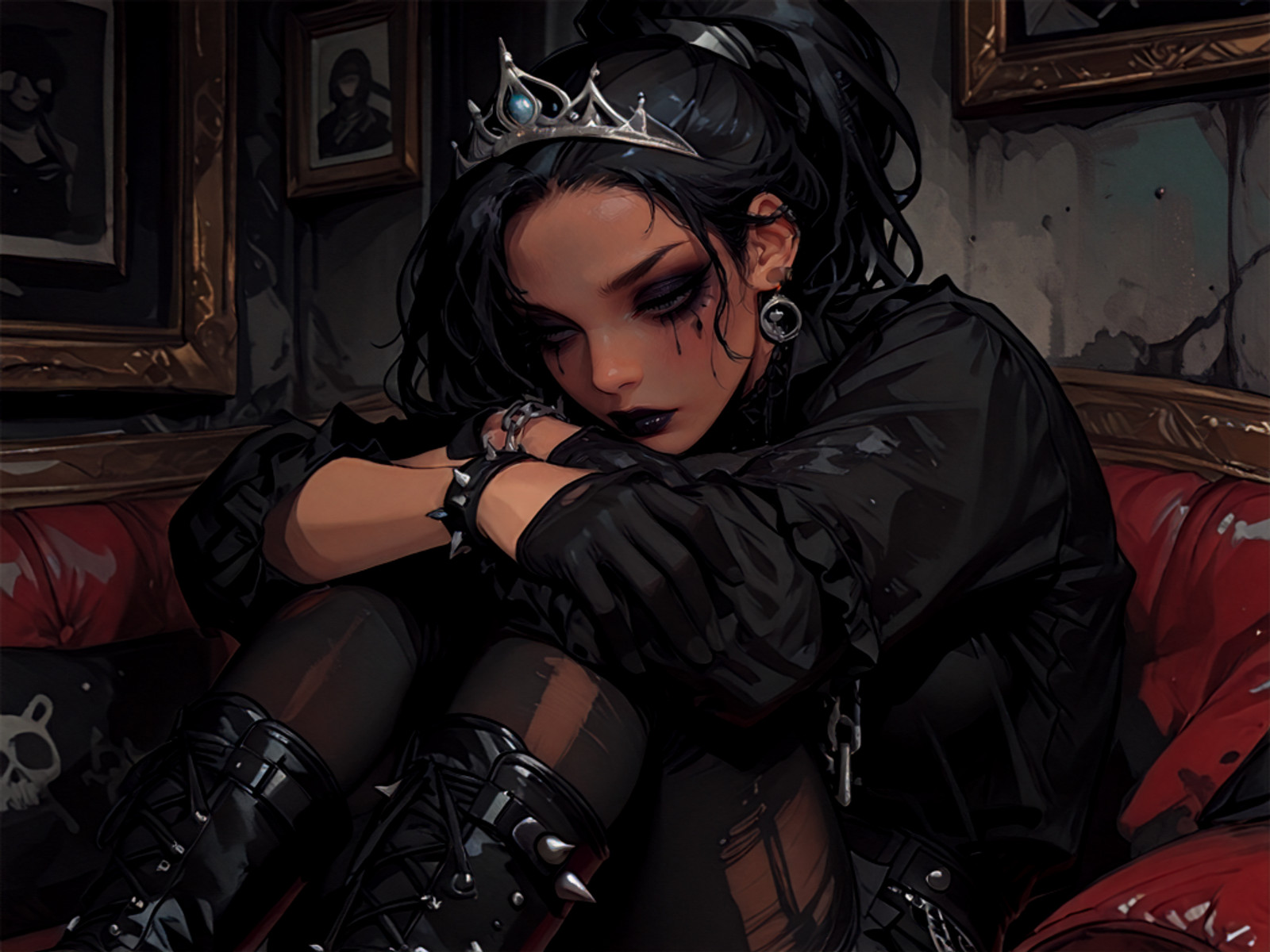 masterpiece, best quality, amazing quality, very aesthetic, high resolution, ultra-detailed, absurdres, newest, 1girl, goth theme, solo,dreadlock accents in ponytail hair,(digital lipstick, emo makeup, silver jewelry, character centered), bejeweled tiara with spikes, ruffled high-collar shirt, military-style breeches, chain-fringed trench, spiked stiletto boots, dark satin half-gloves, , hugging self comfortingly, <lora:MangoMango:1> S4s4k1Nsfw