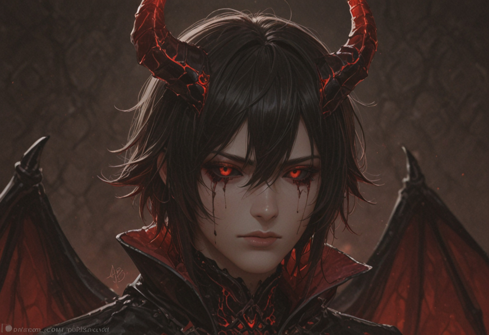 masterpiece, best quality, newest, very aesthetic, absurdres, 
blurry background, depth of field, 
solo, 1boy, , black hair, red shining eyes, red flaming eyes, demon wings, devil horns, black sclera, dark red cultist outfit,
dark library background,  character concept, dark library background,  character concept,  portrait, face focus, close-up, black tears, hair between eyes,