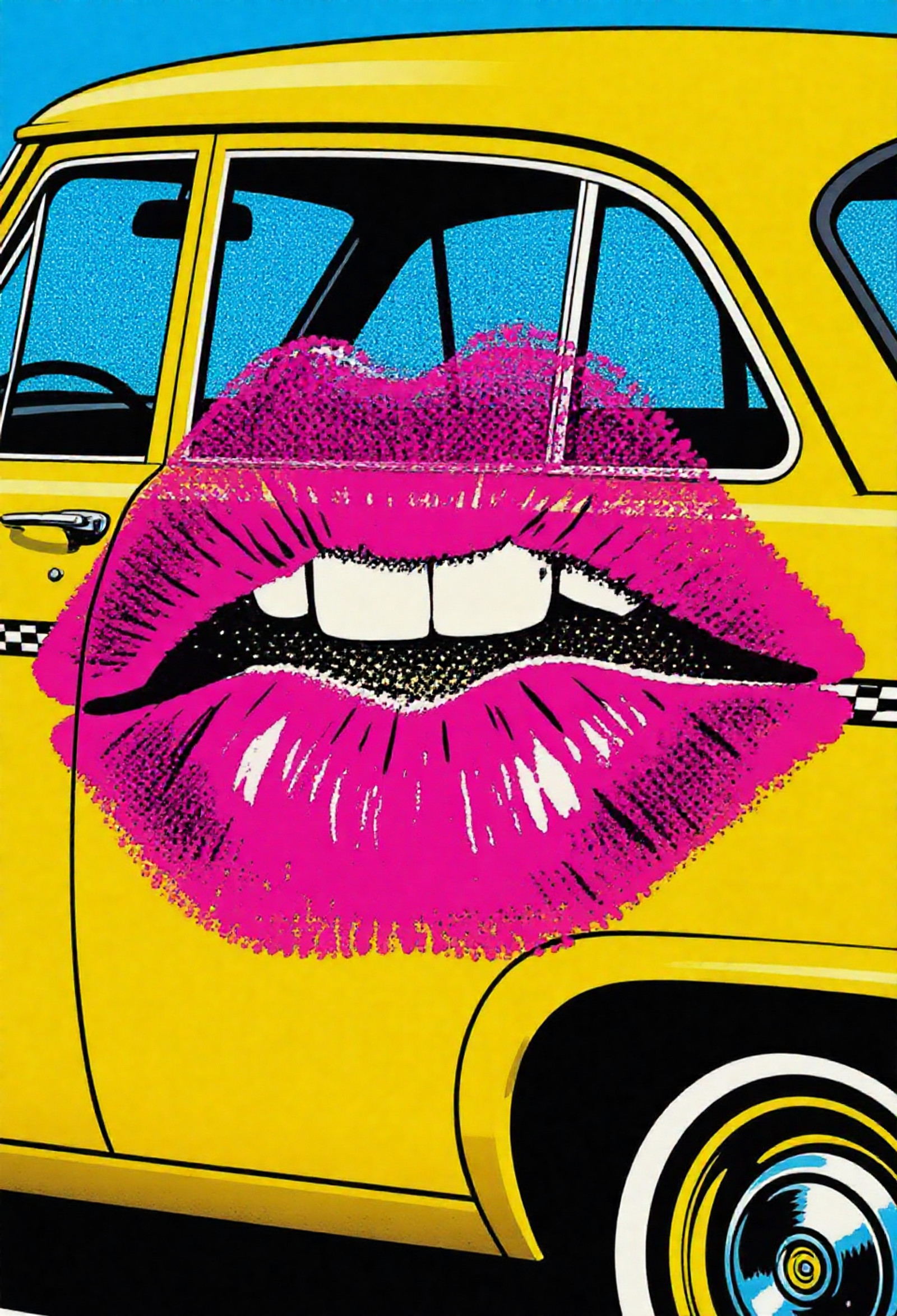 , pop art bold halftones, Massive bright pink lipstick kiss mark printed across the side of a bright yellow New York taxi, clean pop art style, strong black outlines, comic book halftone pattern, vivid magenta, lemon yellow and turquoise color scheme, bold flat colors, Roy Lichtenstein inspired, no people
