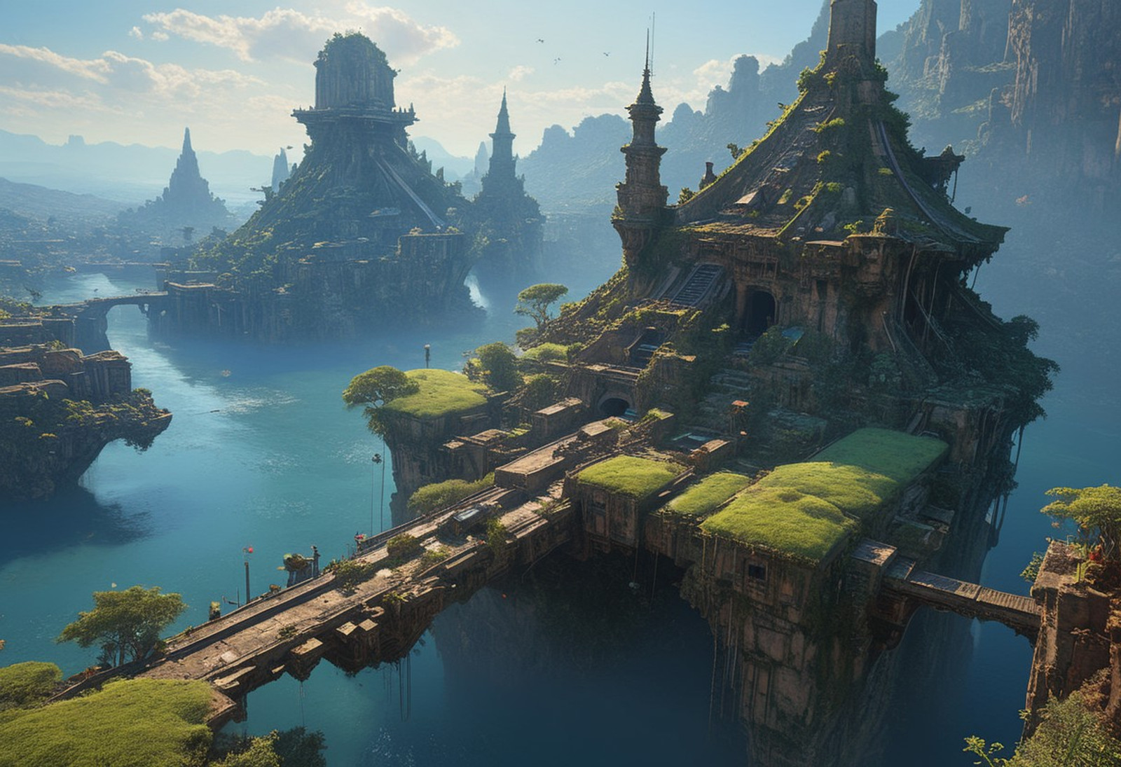 Art painting by Ian McQue and Takashi Murakami and Naoki Saito, , artstation trending, by greg rutkowski and beksinski, masterpiece, An ancient troglodyte city made In the style of Jules Verne and Pierre Boule, a fantasy setting, ancient Persian buildings with roofs and walls made of grass, bush, and lush vegetation. fantasy style, neon lighting