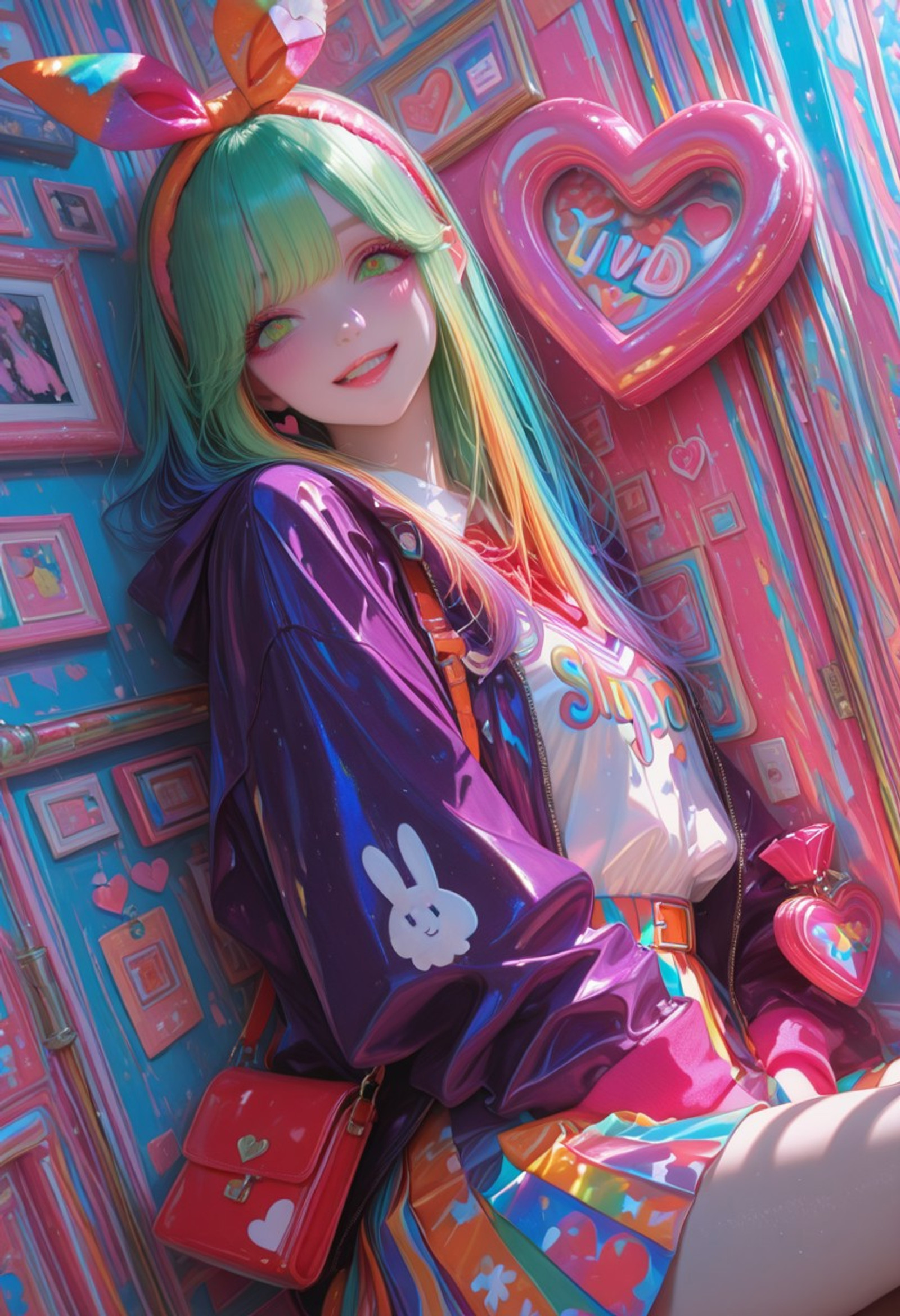1 girl, solo. large, bright green eyes. hair is long and vibrant, rainbow colors like yellow, pink, orange, blue, and purple. she wears a multicolored outfit with a skirt, jacket, and accessories that match the hair colors. The design is playful and cheerful, with a focus on bright, vivid hues. The doll also features a headband with heart-shaped elements and a small bag as an accessory. usnr, masterpiece, best quality, very aesthetic, absurdres, 69yottea_style_illu, Hype4realistic, 7481llu