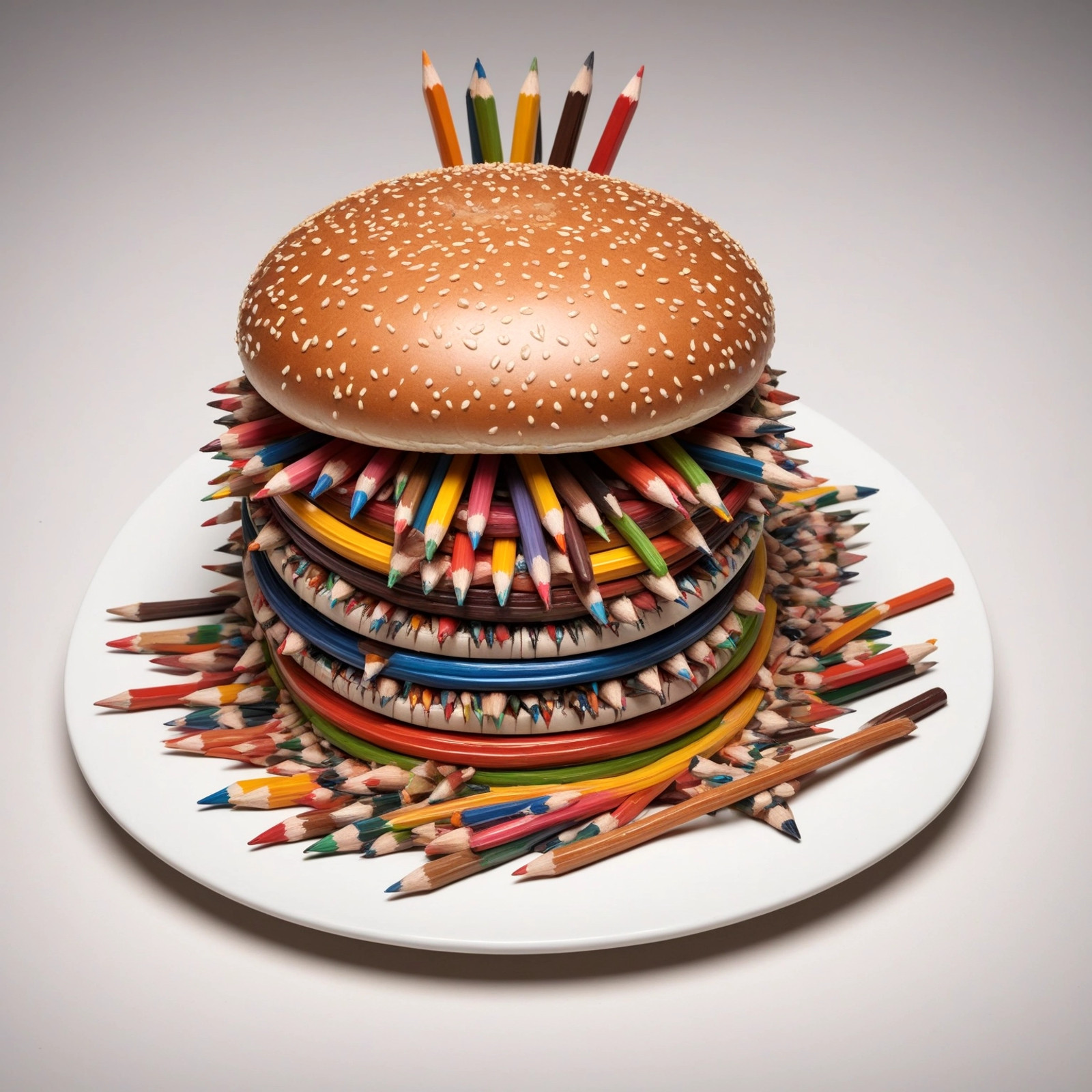 hamburger made of pencils. it is served on a porcelain dish. <lora:Pencil_morph_style-000008:0.9>