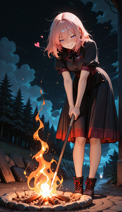 masterpiece, best quality, ultra detailed, cinematic anime style,
1girl,
full body,
civchan, purple eyes reflecting bright orange flames, pink hair slightly messy,
Heart on Fire theme,
nighttime outdoor setting,
standing near a small campfire,
holding a long stick with heart-shaped marshmallows,
the marshmallows fully igniting into bright orange flames,
firelight illuminating her face from below,
wide slightly unhinged smile,
eyes opened a bit too wide,
intense fascinated stare at the burning hearts,
head slightly tilted,
subtle blush from the heat,
embers floating upward into the dark sky,
strong upward fire lighting casting dramatic shadows,
deep black background,
heat distortion in the air,
orange and crimson color palette only,
cinematic contrast,
romantic obsession symbolism,
calm but unsettling energy,