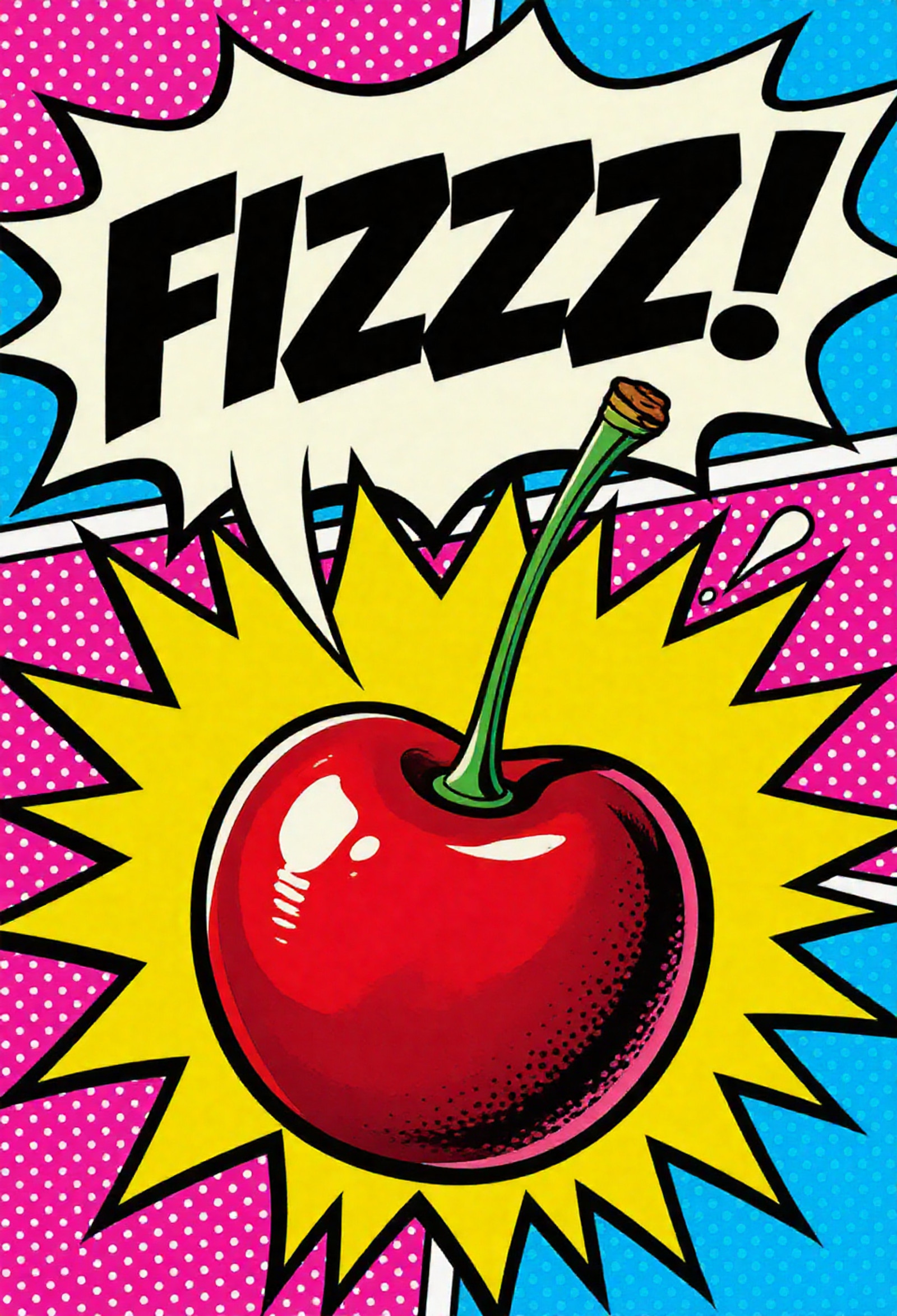 , pop art bold halftones, Giant bright red cherry floating in the center, classic pop art style like Roy Lichtenstein, massive exploding speech bubble saying 'FIZZZ!', intense cyan and hot pink Ben-Day dots background, thick black outlines, high contrast, vibrant comic book colors, retro 1960s advertising aesthetic