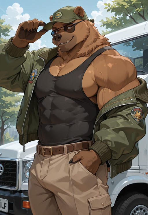 masterpiece, best quality, high detail, absurdres, solo,
1male, furry, mature male, DILF, tall, muscular, thick, grizzly bear, brown eyes, big muscles, broad shoulders, abs, green bomber jacket, black tank top, brown pants, lime green trucker cap, dark aviator sunglasses, casual expression,
outdoors, standing next to a semi truck, daytime, 
front view, from side