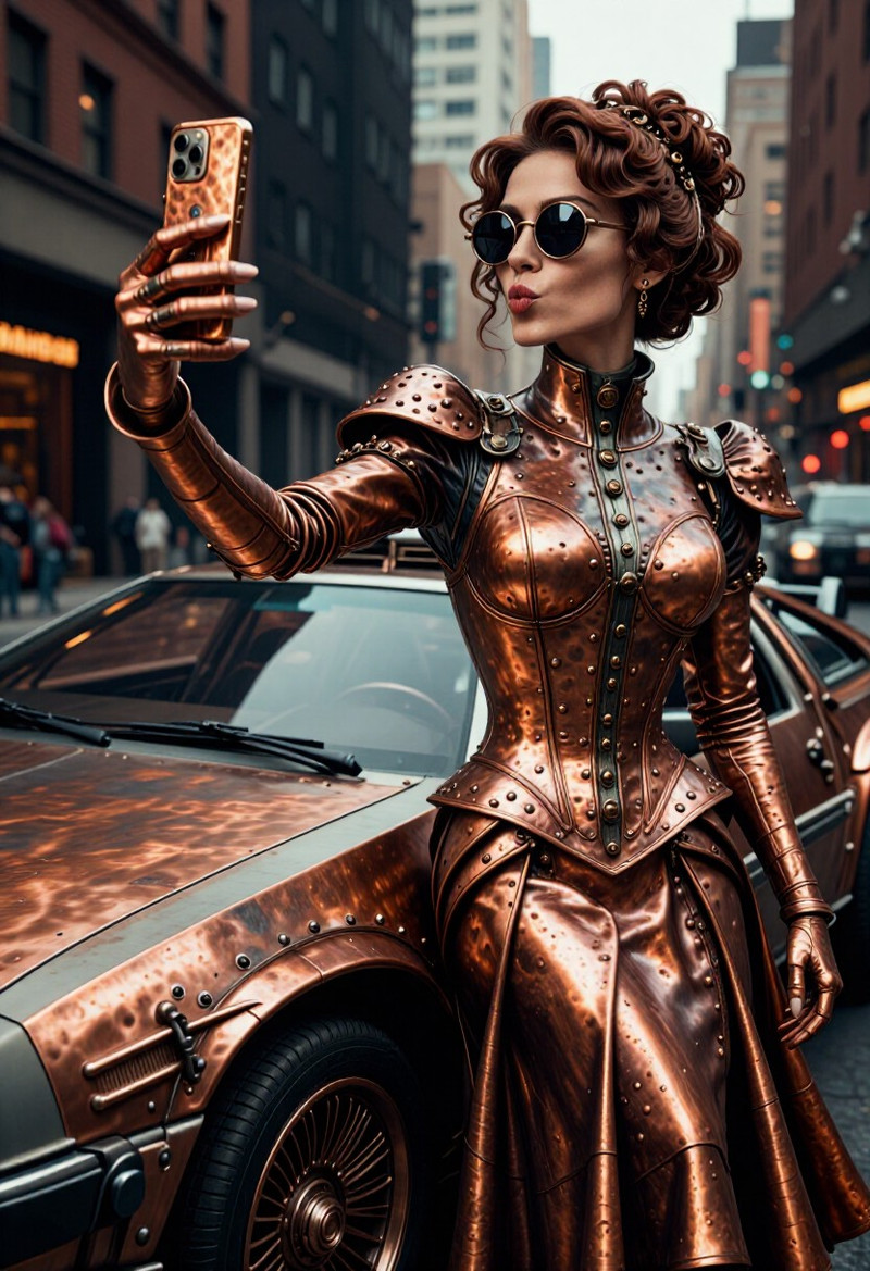 Cinematic full shot of a powerful steampunk woman pouting while posing for a selfie next to a retro-futuristic