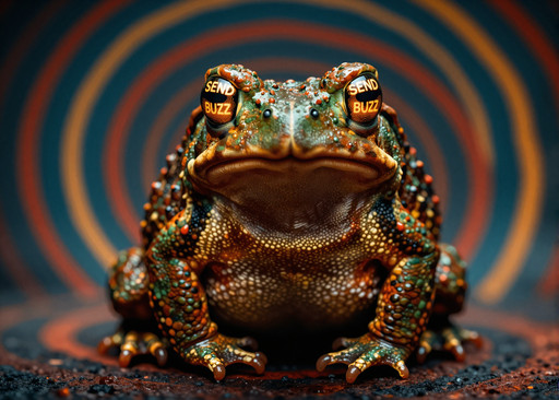 A Psychadelic image of a Large realistic toad sitting dead center of the image. His eyes are glowing with a hypnotic spiral pattern. Concentric outlines of his body in hypnotic stripe pattern form a solid-colored background of hypnotic stripes. The words "SEND BUZZ" pulsate In the toad's eyes. Incredibly detailed facial features, skin texture. beautiful deep colors
<lora:Z-Detail-Slider:1.0>   <lora:Midjourney_Luneva_Cinematic_v1:0.4>