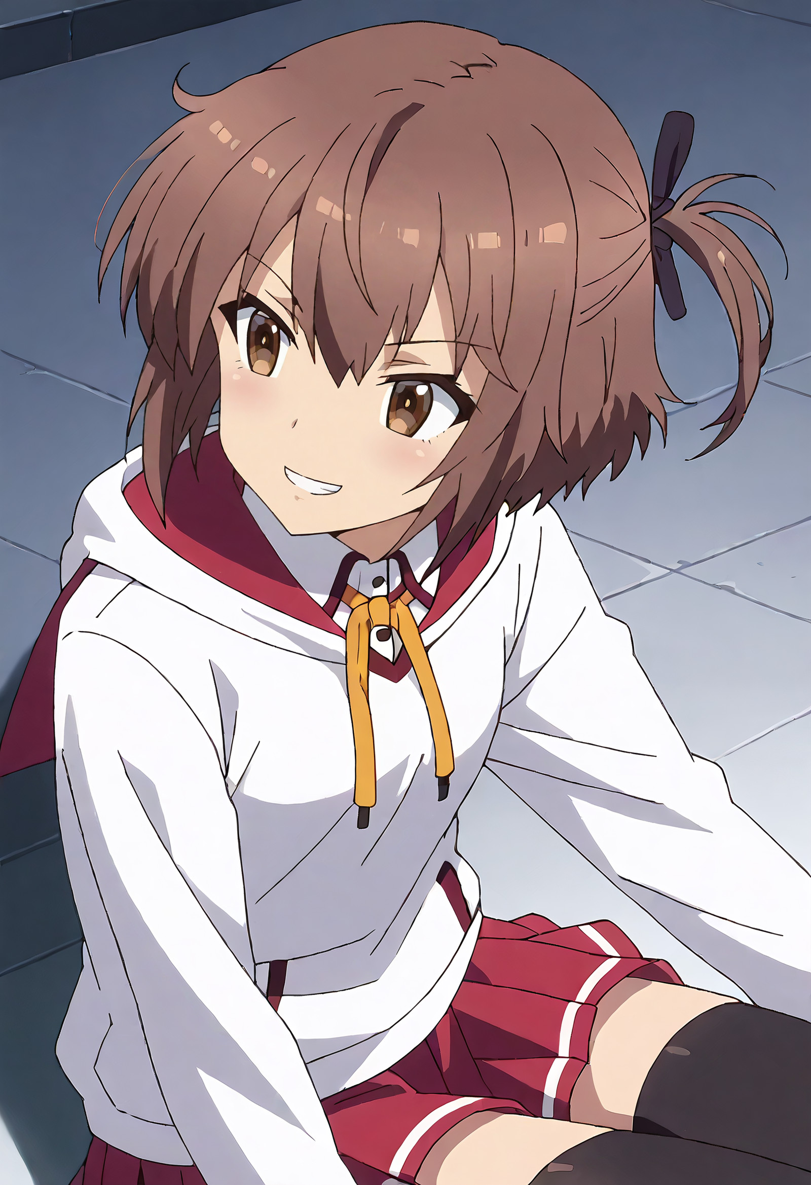    score_9, score_8_up, score_7_up, source_anime, anime_screencap, detailed_face, Gazing down lovingly, content, slight grin, TNMKanami, short_hair, brown_hair, brown_eyes, hair_between_eyes,  solo, KanamiHoodieA, hood, hoodie, hood_down, long_sleeves, drawstring, ribbon, school_uniform, black_hoodie, shirt, white_shirt, collared_shirt, neck_ribbon, hair_ribbon, one_side_up, skirt, yellow_ribbon, red_skirt, black_ribbon, pleated_skirt, thighhighs, black_thighhighs, half_updo, zettai_ryouiki,  leaning to side, dynamic angle, dynamic pose, <segment:girl's face,0.55,0.2//cid=11> absurdres, masterpiece, detailed face, perfect face, correct face, perfect anatomy, accurate, sharp lines, beautiful, extremely detailed, source_anime, anime screencap, Gazing down lovingly, content, slight grin, TNMKanami, short_hair, brown_hair, brown_eyes, hair_between_eyes, 