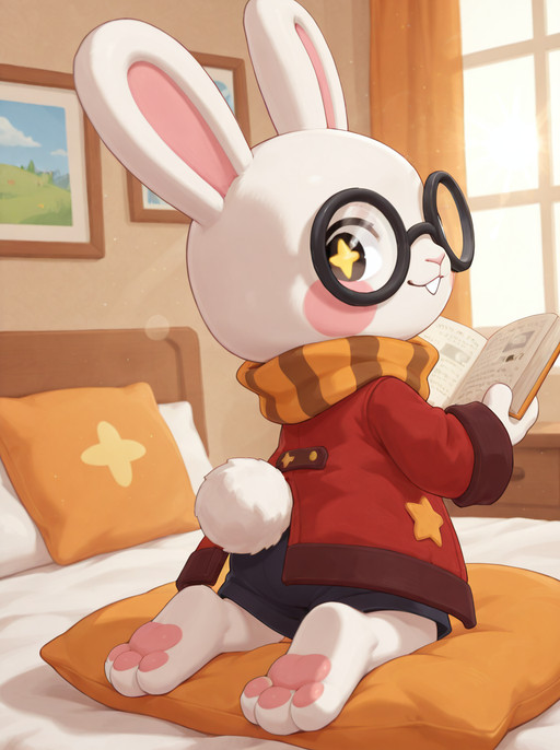 masterpiece,best quality,good quality,digital painting,bedroom,from behind,lens_flare,solo,<lora:roco_xueyuanguagua_369:1>,xueyuanguagua,roco kingdom\(creature\),bunny,white body,+ +,round glasses,orange scarf,red coat,blue sweater,black shorts,looking at viewer,on the bed,kneeling on the pillow,(look back),windows,reading book,