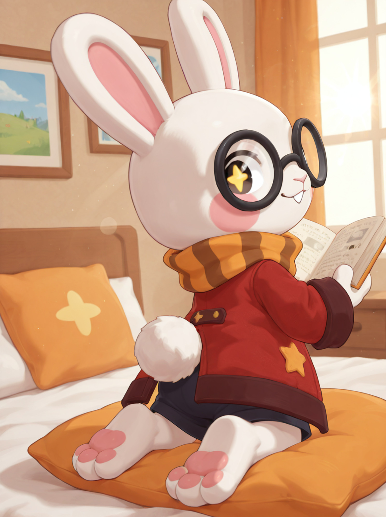 masterpiece,best quality,good quality,digital painting,bedroom,from behind,lens_flare,solo,<lora:roco_xueyuanguagua_369:1>,xueyuanguagua,roco kingdom\(creature\),bunny,white body,+ +,round glasses,orange scarf,red coat,blue sweater,black shorts,looking at viewer,on the bed,kneeling on the pillow,(look back),windows,reading book,