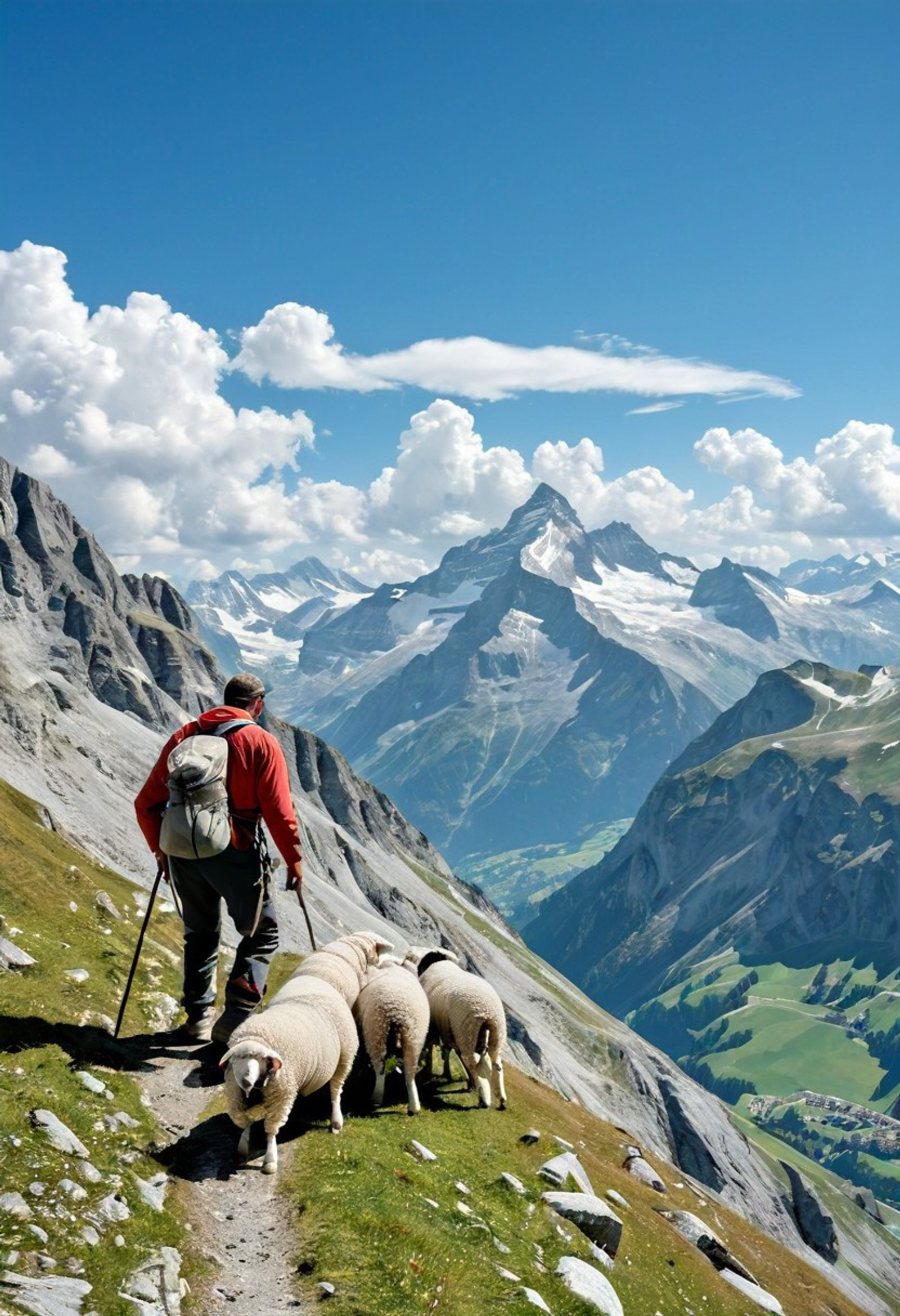 Swiss Alps, shepherd with his sheep and dog climbing a mountain, Swiss Alps background, blue sky and cirrus cloud