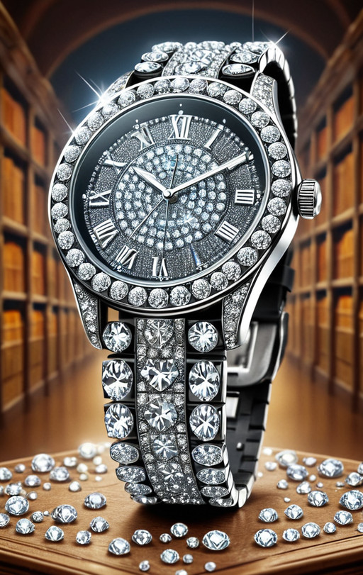 diamondMW, sparkly, <lora:Diamond_World_Morph:0.7> countless diamonds, (smart watch:1.5), (shiny:0.5), elaborate, (ultra realistic:1.2), haunted library background, safe_pos