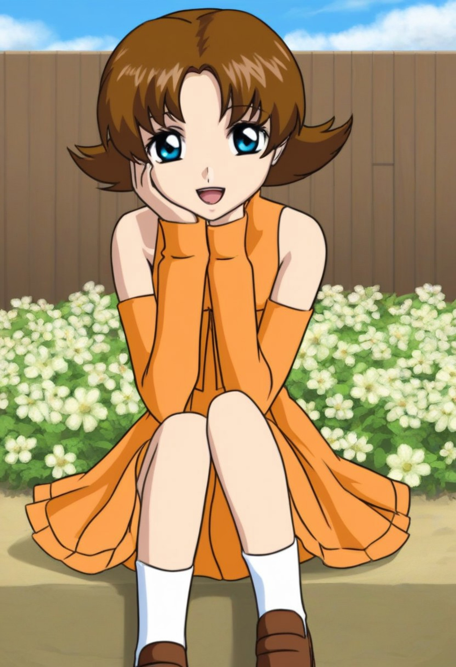 masterpiece, best quality, absurdres, (queenbuon), face focus, front view, 1girl, solo, looking at viewer, smile, <lora:Miriallia_Haw_Gundam_SEED_Pony:0.8>,miriallia,1girl,solo,blue eyes,brown hair,short hair,flipped hair, orange dress, sleeveless dress, turtleneck, bare shoulders, detached sleeves, orange sleeves, medium breasts, frill skirt, orange skirt, sitting, white socks, brown shoes, cute, date, open mouth, happy, outdoors, grassland, flowers background, blue sky background,