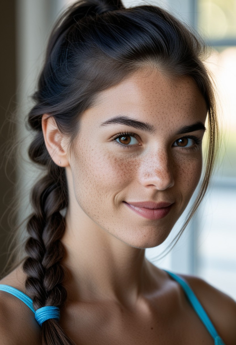 head to hips full frontal portrait of a 25-year-old Caucasian woman with youthful facial features, fresh-faced