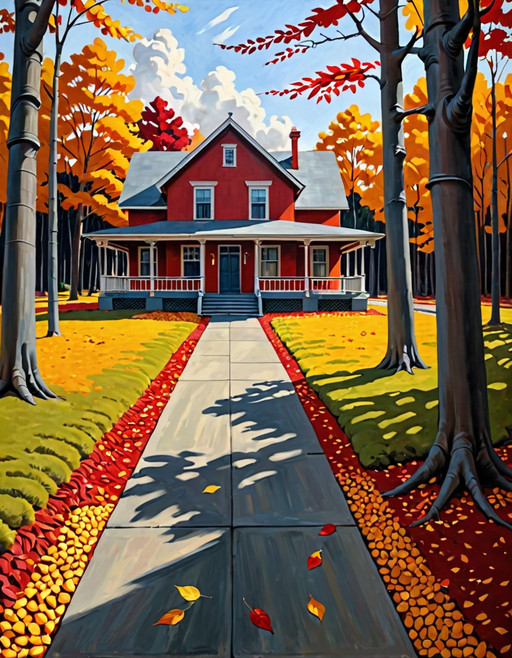 A scenic hiking trail in the heart of autumn, bordered by trees in brilliant shades of red, orange, and yellow. Leaves scattered on the ground, with a crisp, fresh atmosphere, High quality, best quality, masterpiece, muted tones, desaturated colors, strong geometric architecture, loneliness, quiet introspection, stillness, melancholic atmosphere, 1940s American realism, mid-century architecture, vintage clothing styles,  oil painting texture, canvas brush strokes, in the style of an Edward Hopper painting