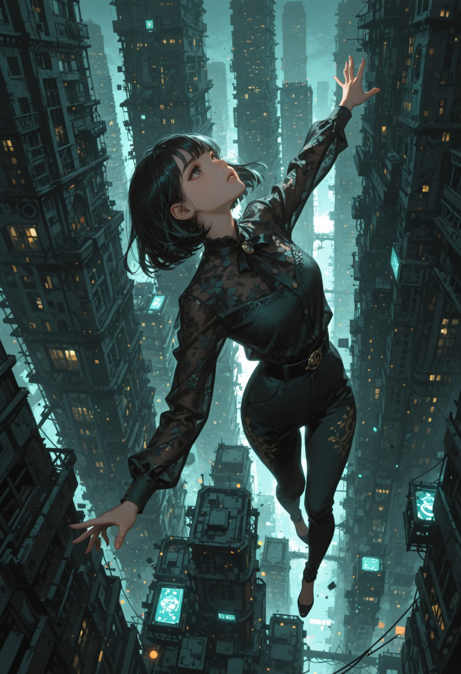 ultra-HD, 8K, ultra detailed, concept art, masterpiece, best quality, amazing quality, newest, absurdres, highres, masterwork, detailed, high detail, very aesthetic, great atmosphere, amazing ambience, perfect composition, sharp focus, dramatic lighting, intricate, dynamic, rich color, (teal theme), scenic, background, ((action, dynamic, Business casual, sleek bob, modern skyscraper view)), 1girl, (yoneyama mai:1.16), (artist ciloranko:1.05), zhibuji loom, (fuzichoco:0.86), (rella:1.1), (konya karasue:1.1), (hagimorijia:1.05), BurstDaal, linele55fantasy, no lineart, patterned clothes, pure, calm, complex, glowing, highly expressive, delicate, sacred light, colorful, elegant, beautiful, cinematic, extremely enhanced, stunning, gorgeous, romantic, illuminated, magical, enchanted, adorned, pretty