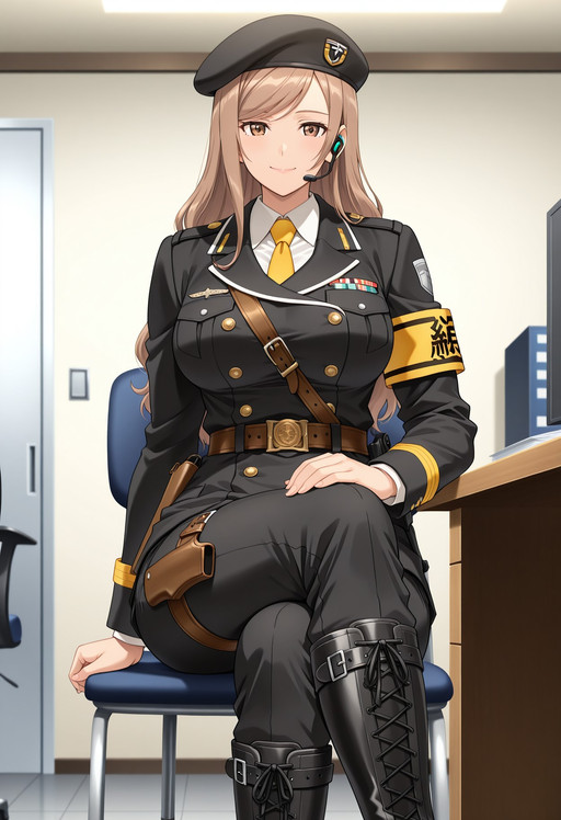 absurdres, amazing quality, best quality, masterpiece, newest, source_anime, anime_screencap, anime_coloring, Kureha_STXW_IL, 1girl, solo,



mature female, (light-brown hair, long hair, swept bangs, sidelock, hair down), brown eyes, big breasts, (muscular body, broad body),

(black beret), badges, earpiece mic, (white collared shirt, yellow necktie), (black uniform, white trim, buttons, Sam Browne belt, long-sleeves, yellow armband), (belt, belt buckle, belt pouches, holsters), (black pants, leg belt), (black lace-up knee-boots),

chair,

smile, looking at the viewer, (Closed mouth), sit down, crossed legs, hand on lap,

indoors, office, desk,