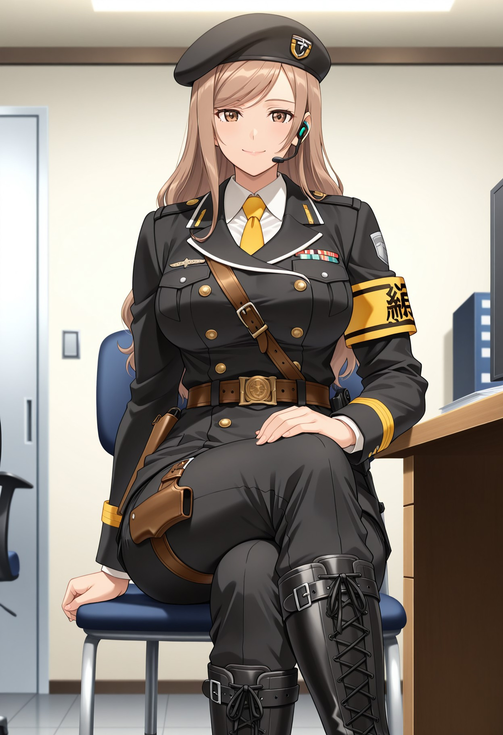 absurdres, amazing quality, best quality, masterpiece, newest, source_anime, anime_screencap, anime_coloring, Kureha_STXW_IL, 1girl, solo,



mature female, (light-brown hair, long hair, swept bangs, sidelock, hair down), brown eyes, big breasts, (muscular body, broad body),

(black beret), badges, earpiece mic, (white collared shirt, yellow necktie), (black uniform, white trim, buttons, Sam Browne belt, long-sleeves, yellow armband), (belt, belt buckle, belt pouches, holsters), (black pants, leg belt), (black lace-up knee-boots),

chair,

smile, looking at the viewer, (Closed mouth), sit down, crossed legs, hand on lap,

indoors, office, desk,
