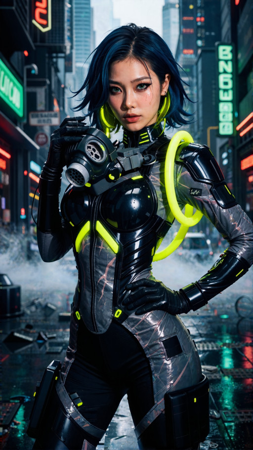 A hyper-realistic mid-thigh portrait of a charismatic young Korean woman with sharp, edgy features and a dewy skin finish. She is captured with one hand resting on her hip and the other hand holding a futuristic filtration mask, standing with a confident, rebellious posture. Her makeup features sharp black winged eyeliner and a deep cherry-red gradient lip. Her hair is an edgy, shoulder-length layered cut in midnight blue with neon-green under-lights. She is dressed in a rugged tactical suit made of distressed grey ballistic nylon and glossy black obsidian armor, detailed with glowing acid-green neon pipes wrapped around her shoulders. The scene is a rain-drenched underground district in a futuristic city; the background is filled with blurred green neon signs, wet metallic debris, and steam rising from manhole covers, captured with cinematic high-contrast lighting and rich textures.,