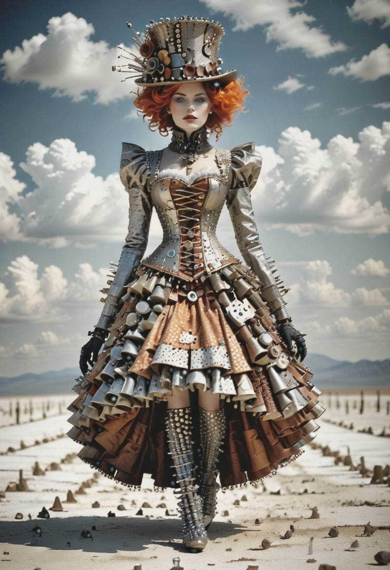 fastenerswm.
A surreal steampunk haute-couture fantasy character walking confidently across an endless salt fl