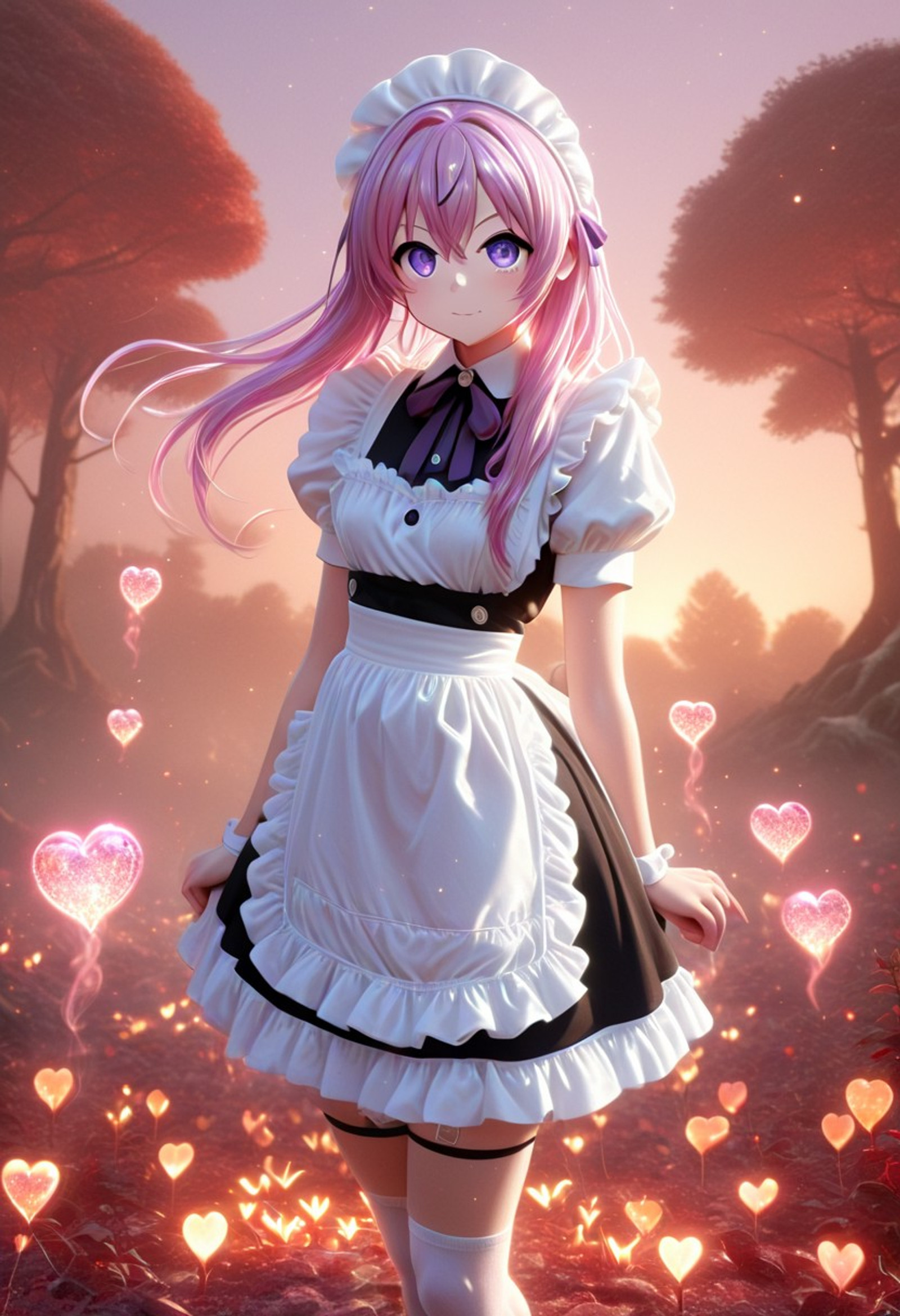 CivChan, anime, Masterpiece, best quality, ultra-detailed, highly detailed, 1girl, solo, purple eyes, pink hair, maid outfit, thigh high socks, close up, (flaming hearts), outdoors, sunset, nature, burning trees, medium hair, heart eyes, looking at viewer, strong desire and attraction, intense eye contact, close proximity, heat, fire, dramatic lighting
