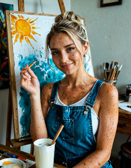 <lora:Realism Lora By Stable Yogi_V3_Lite:0.3> 
<lora:Realism Lora By Stable Yogi_V3_Pro:0.3>
BSY_General_Positives_V1_PRO 
BSY_Realism_Positives_V1_PRO
 masterpiece, sharp focus, raw photo, 1girl, mature woman, mediterranean woman, ebony skin, platinum blonde hair, blue eyes, petite body, close up paint detail, messy art studio, examining work in progress, paint splattered overalls, even ambient light, satisfied creative smile, hair piled up with pencil, visible pores, spilled drop of milk on the table, paint smudges on forearm, faint sun freckles on the shoulder, easel, knit weave catching the light, head tipped back in a real laugh, warm color cast from afternoon sun, ambient light filling the shadow side, cinematic lighting, shallow depth of field